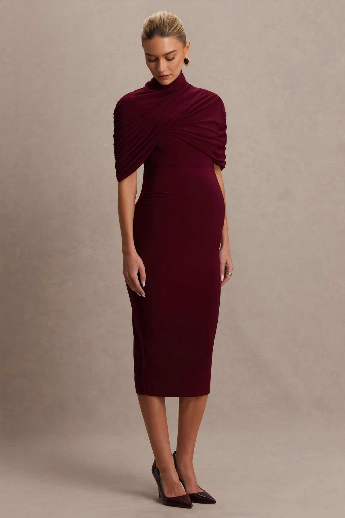 Augustina | Burgundy Maternity Midi Dress With Cape
