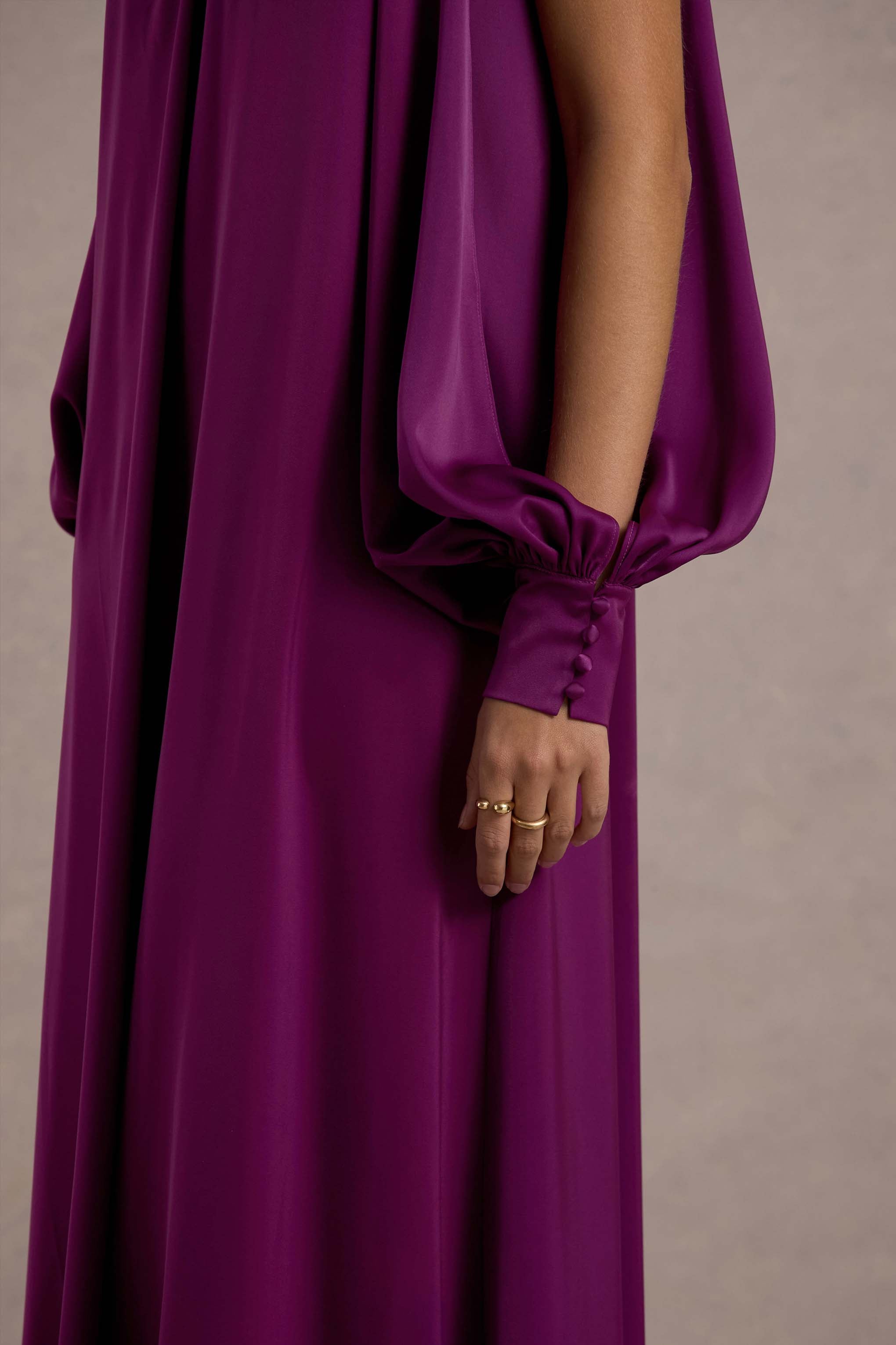Baila | Mulberry Satin High-Neck Cape-Sleeve Maxi Dress – Club L