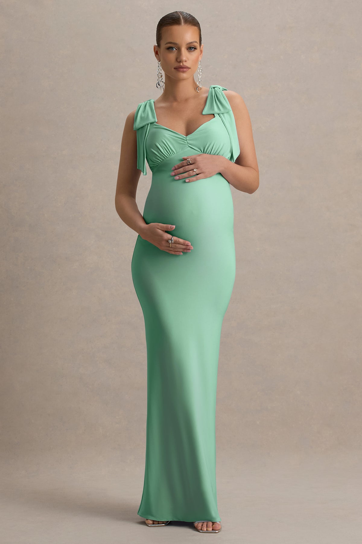 Sheen Light Green Sweetheart Bow Strap Maternity Maxi Dress Club L London - USA Sheen Light Green Sweetheart Bow Strap Maternity Maxi Dress Club L London - USA