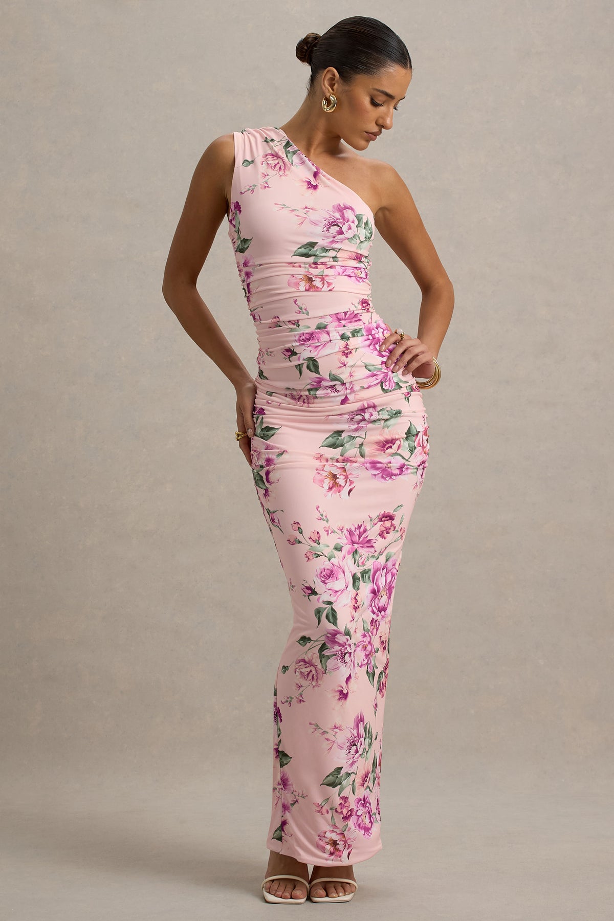 Dalarie | Pink Floral Print One-Shoulder Gathered Maxi Dress