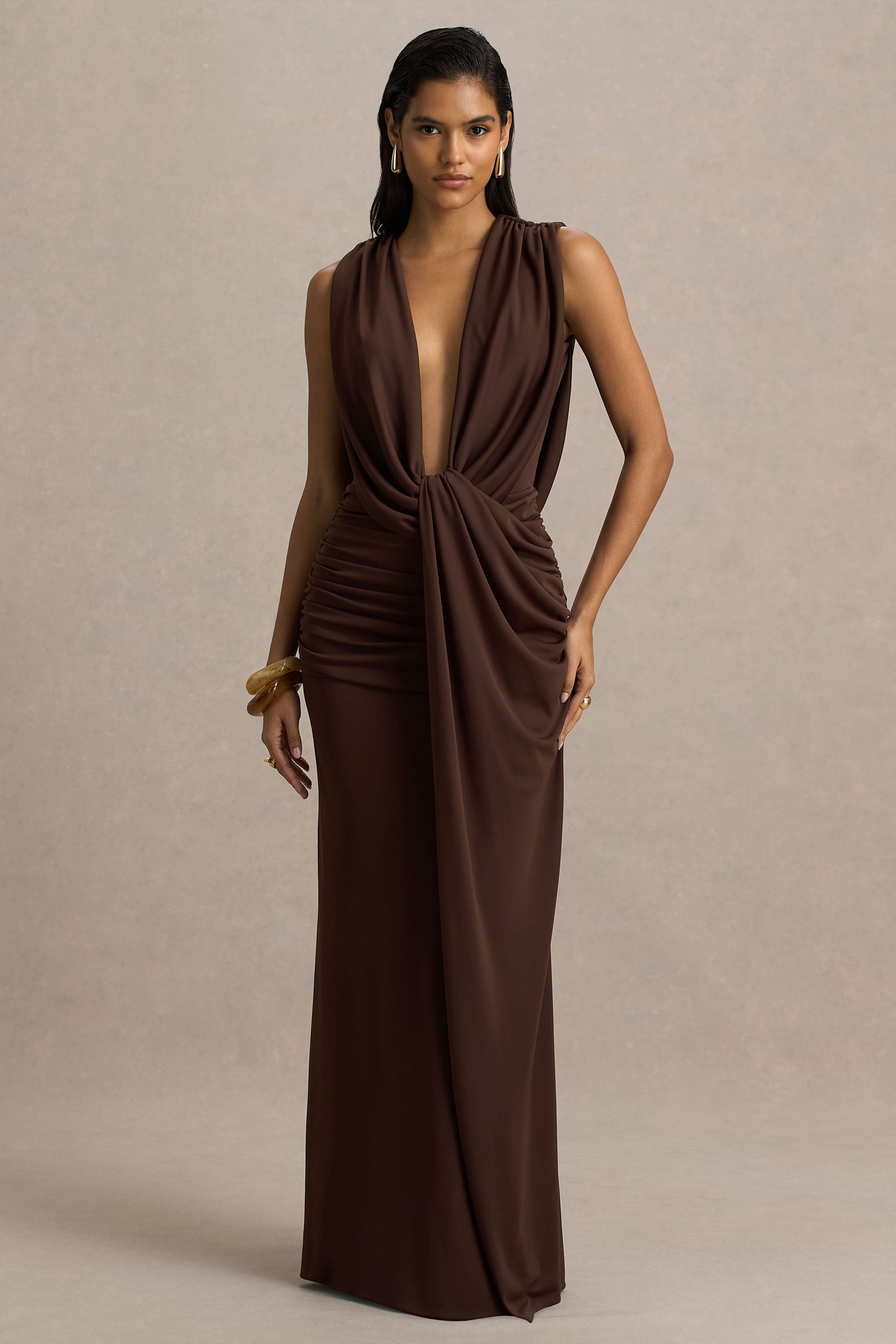 Serafina | Chocolate Extreme-Plunge Neck Maxi Dress With Wrap And