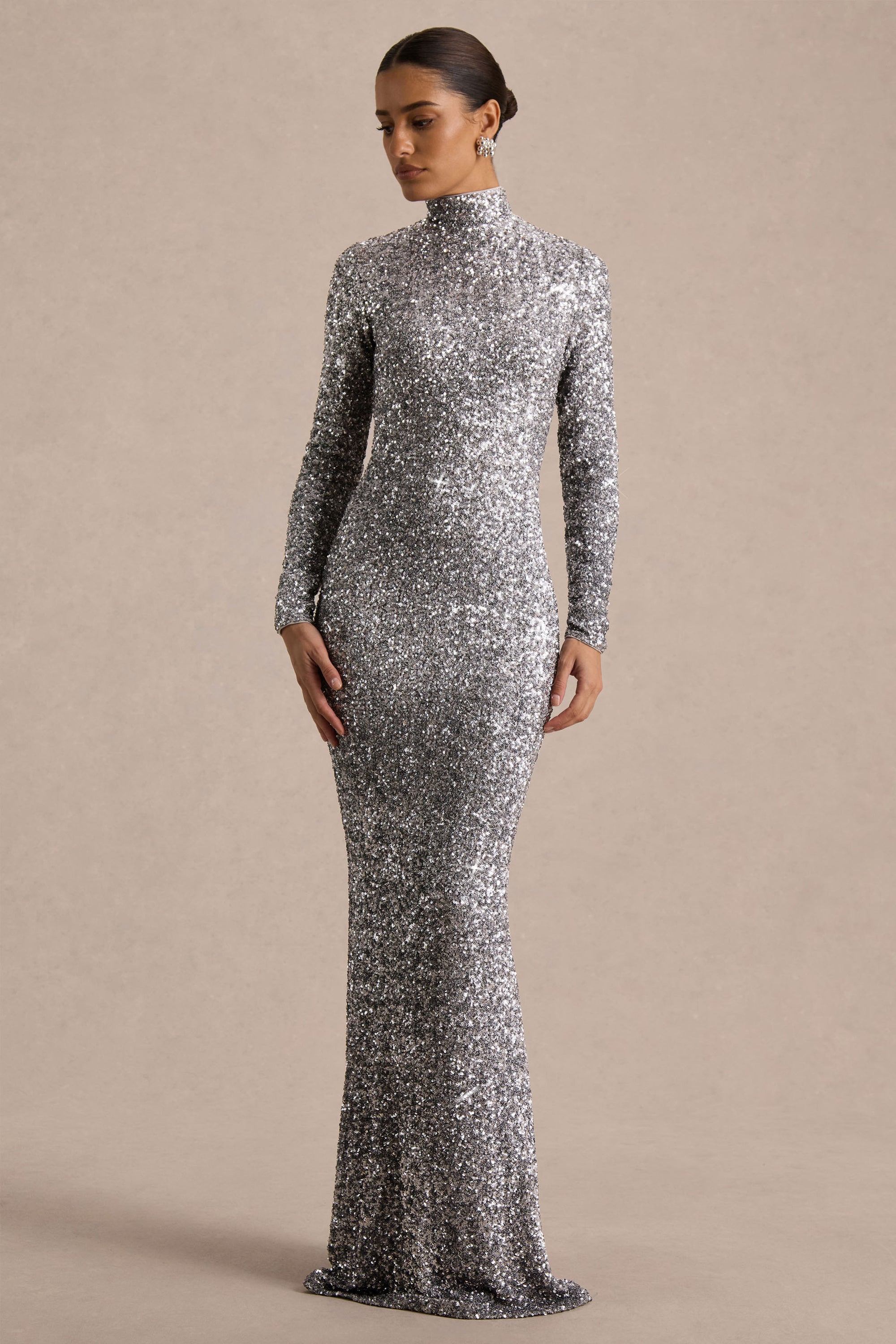 glitter long sleeve maxi dress Romea | Black Sequin High-Neck Maxi Dress With Cape Sleeves