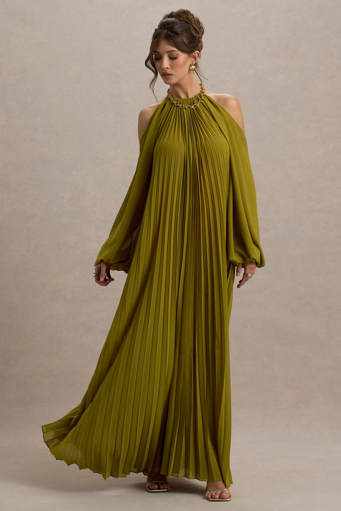 Reyna Olive Pleated Chiffon Cold-Shoulder Maxi Dress – Club L