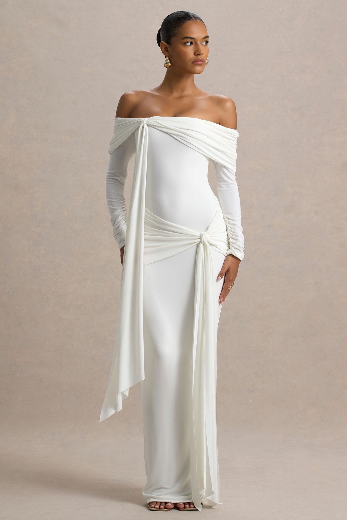 Jovie | White Bardot Wrap Maxi Dress With Sash Detail - UK 14 White Jovie | White Bardot Wrap Maxi Dress With Sash Detail - UK 14 White