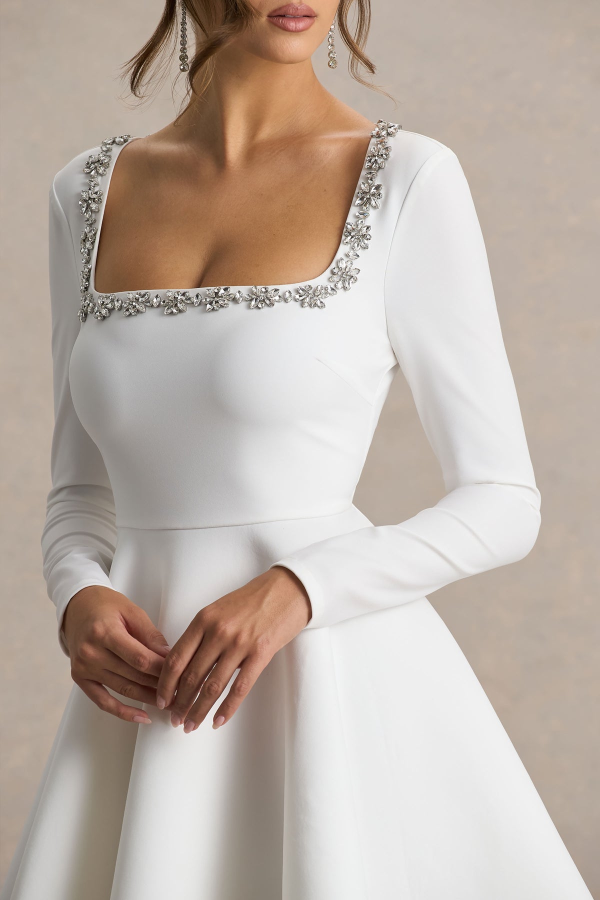Astonish | White Long-Sleeve Embellished Square-Neck Mini Dress With Volume Skirt - UK 10 White Astonish | White Long-Sleeve Embellished Square-Neck Mini Dress With Volume Skirt - UK 10 White