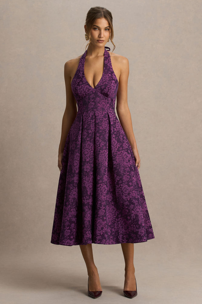 Isabeau | Purple Satin Plunge-Neck Midi Dress - UK 16 PLUM Isabeau | Purple Satin Plunge-Neck Midi Dress - UK 16 PLUM