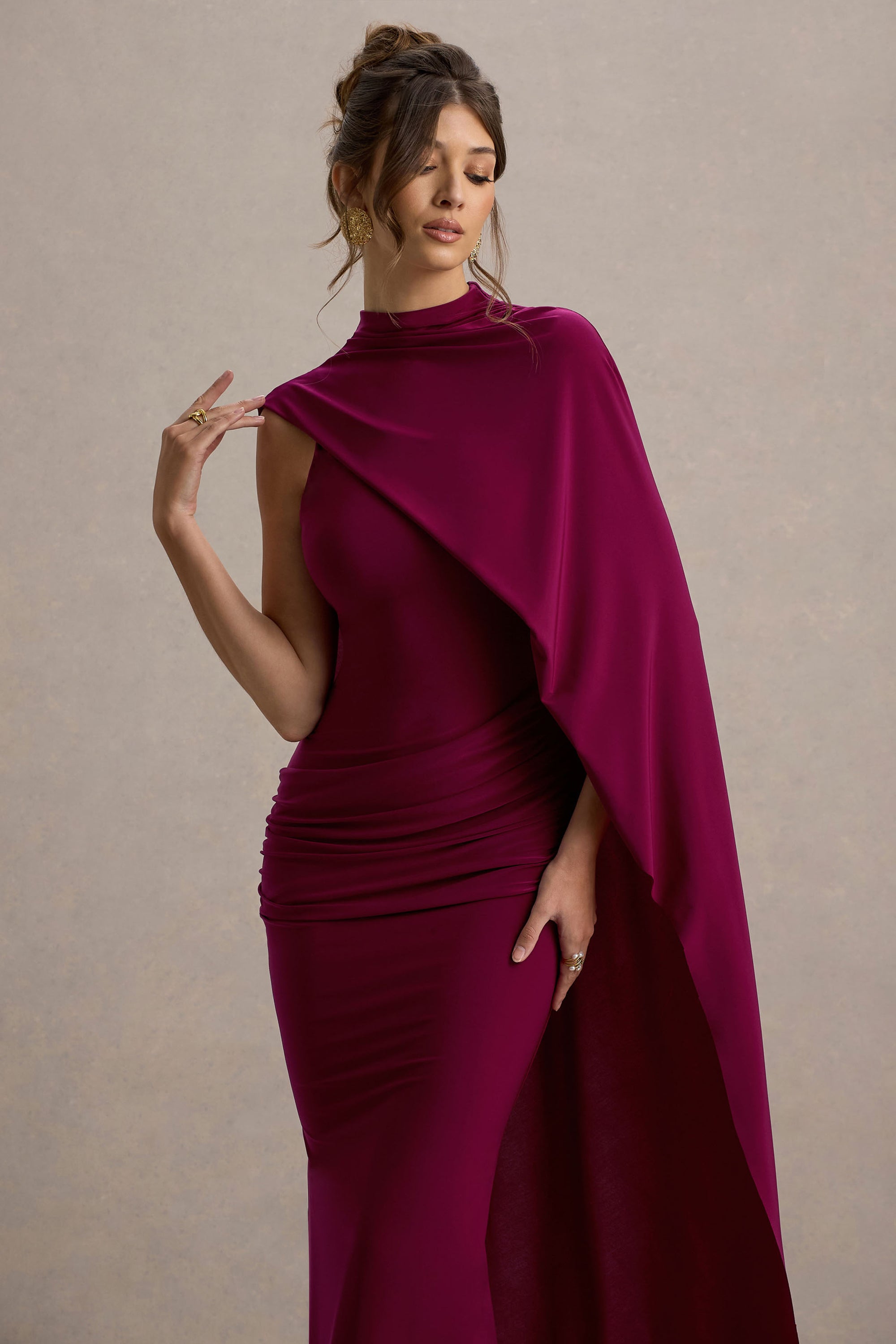 club london cape dress Glossy | Black Woven Square-Neck Maxi Dress With Cape Sleeves and Hand-Embellished Detail