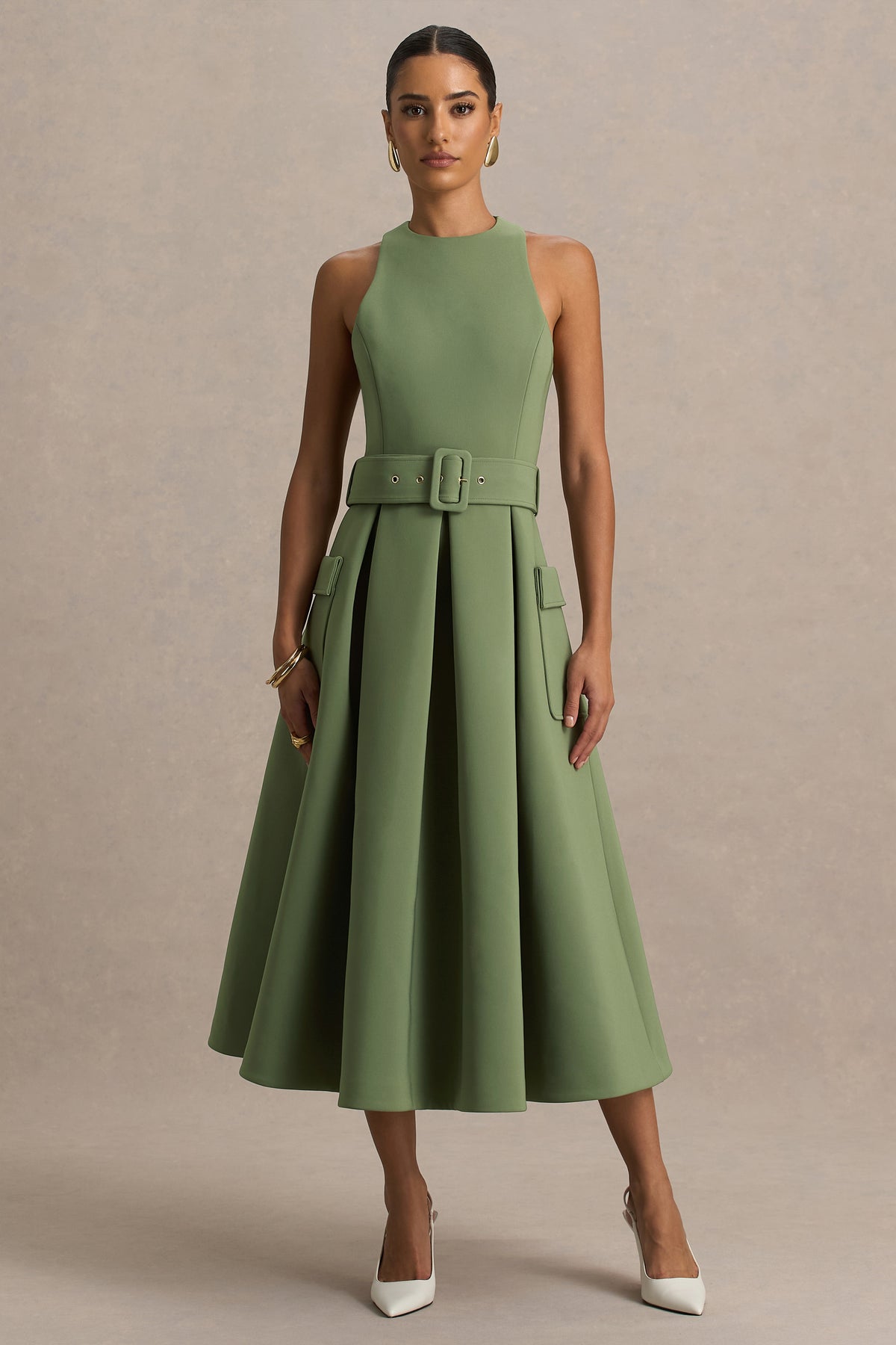 Elisia | Olive Crew-Neck Belted Midi Dress - UK 14 martini Olive Elisia | Olive Crew-Neck Belted Midi Dress - UK 14 martini Olive