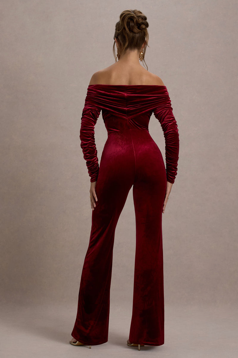 Borealis Berry Velvet Long-Sleeved Bardot Jumpsuit – Club L London - USA