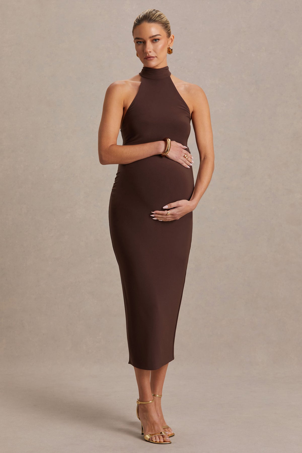 Mireille Brown Halter-Neck Maternity Midi Dress Club L London - USA Mireille Brown Halter-Neck Maternity Midi Dress Club L London - USA