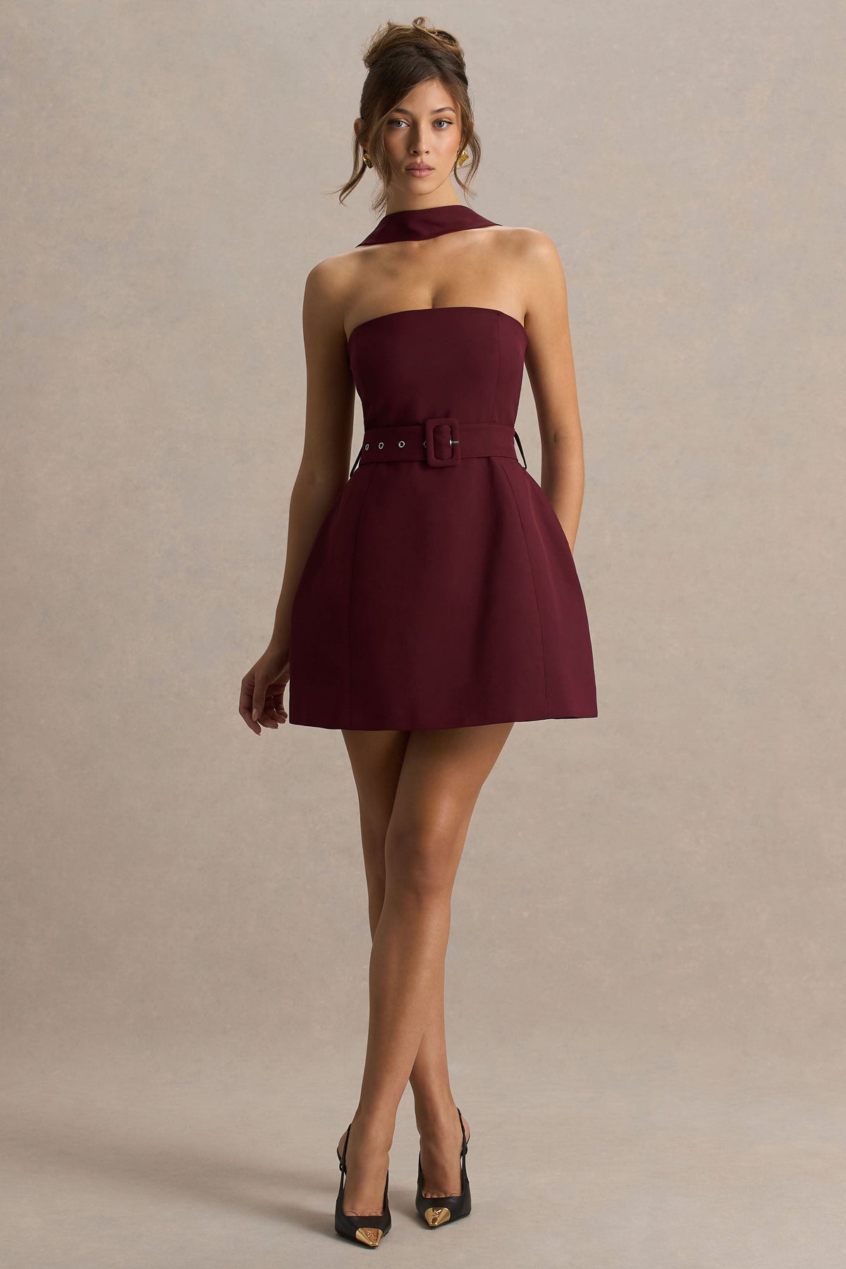 Timberly | Burgundy High-Neck Tailored Micro-Mini Dress - UK 8 Burgundy Timberly | Burgundy High-Neck Tailored Micro-Mini Dress - UK 8 Burgundy