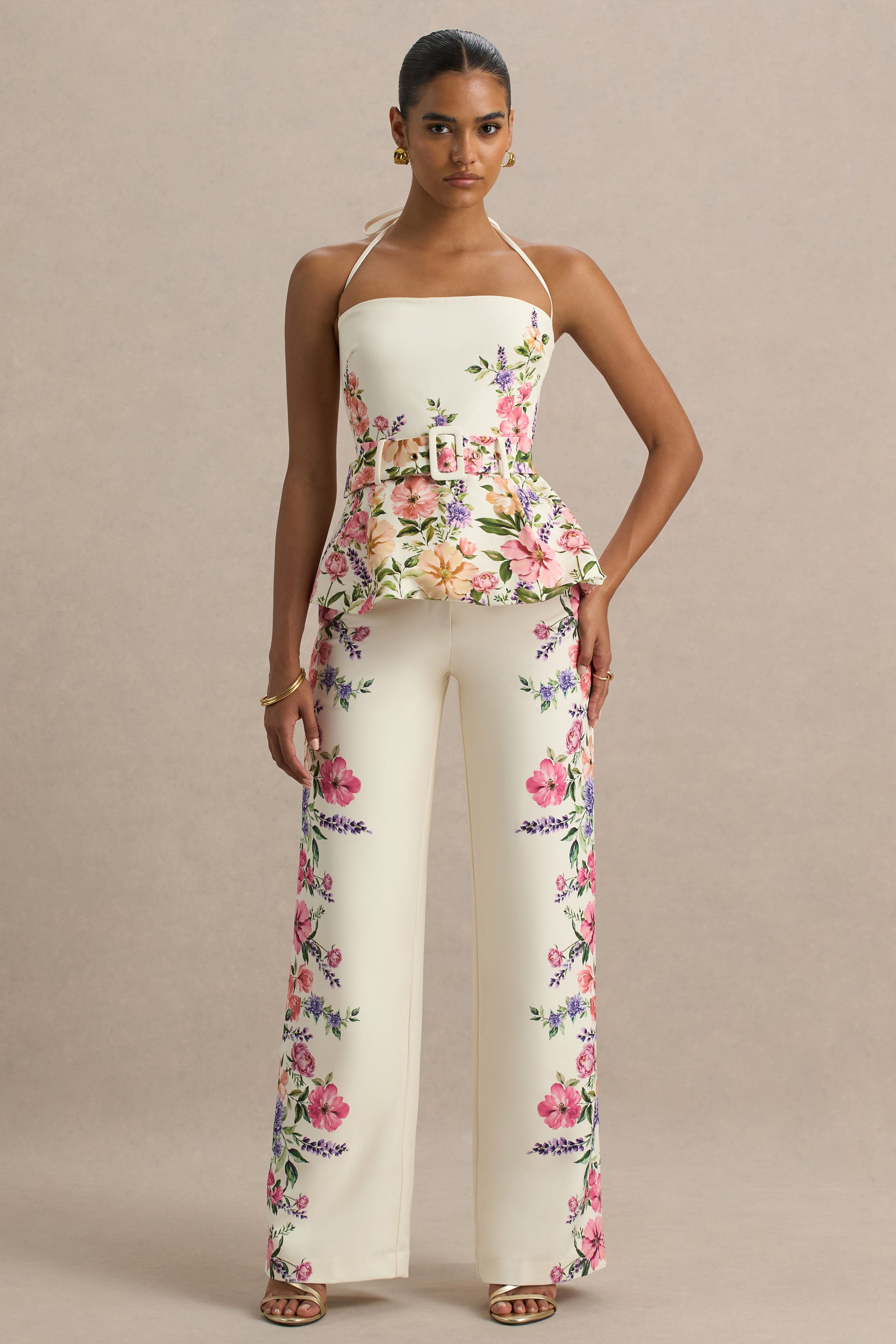 Solana | White Floral Border Print Wide-Leg Trousers – Club L