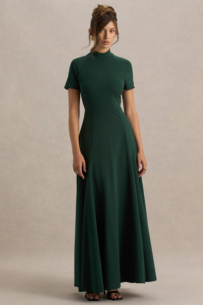 Alea | Dark Green High-Neck Short-Sleeve Maxi Dress Alea | Dark Green High-Neck Short-Sleeve Maxi Dress