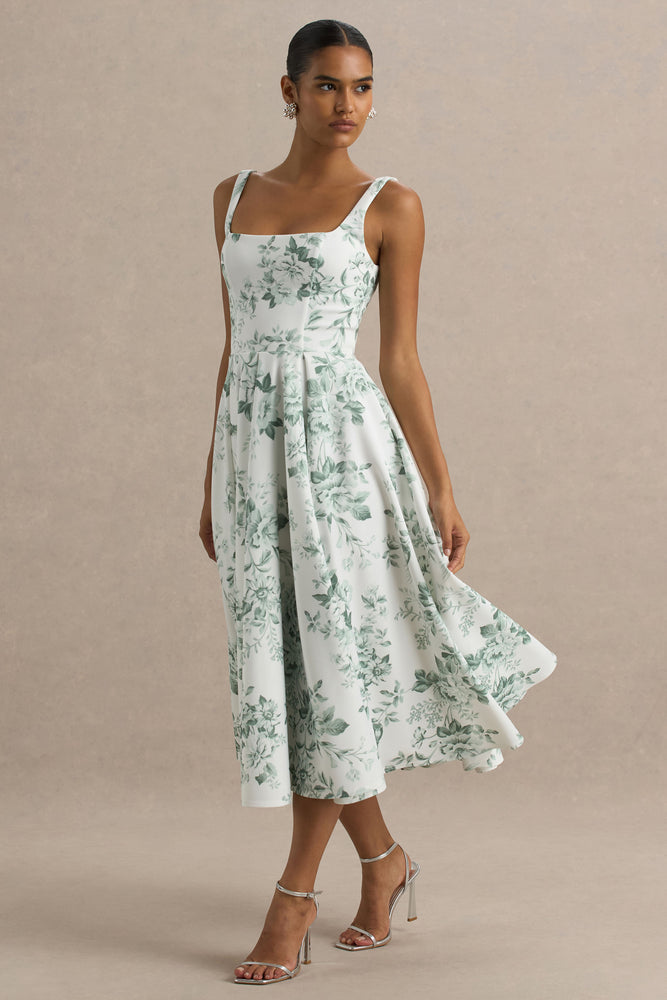 Lissa | Green Porcelain Print Square-Neck Midi Dress - UK 6 Green Porcelain Print Lissa | Green Porcelain Print Square-Neck Midi Dress - UK 6 Green Porcelain Print