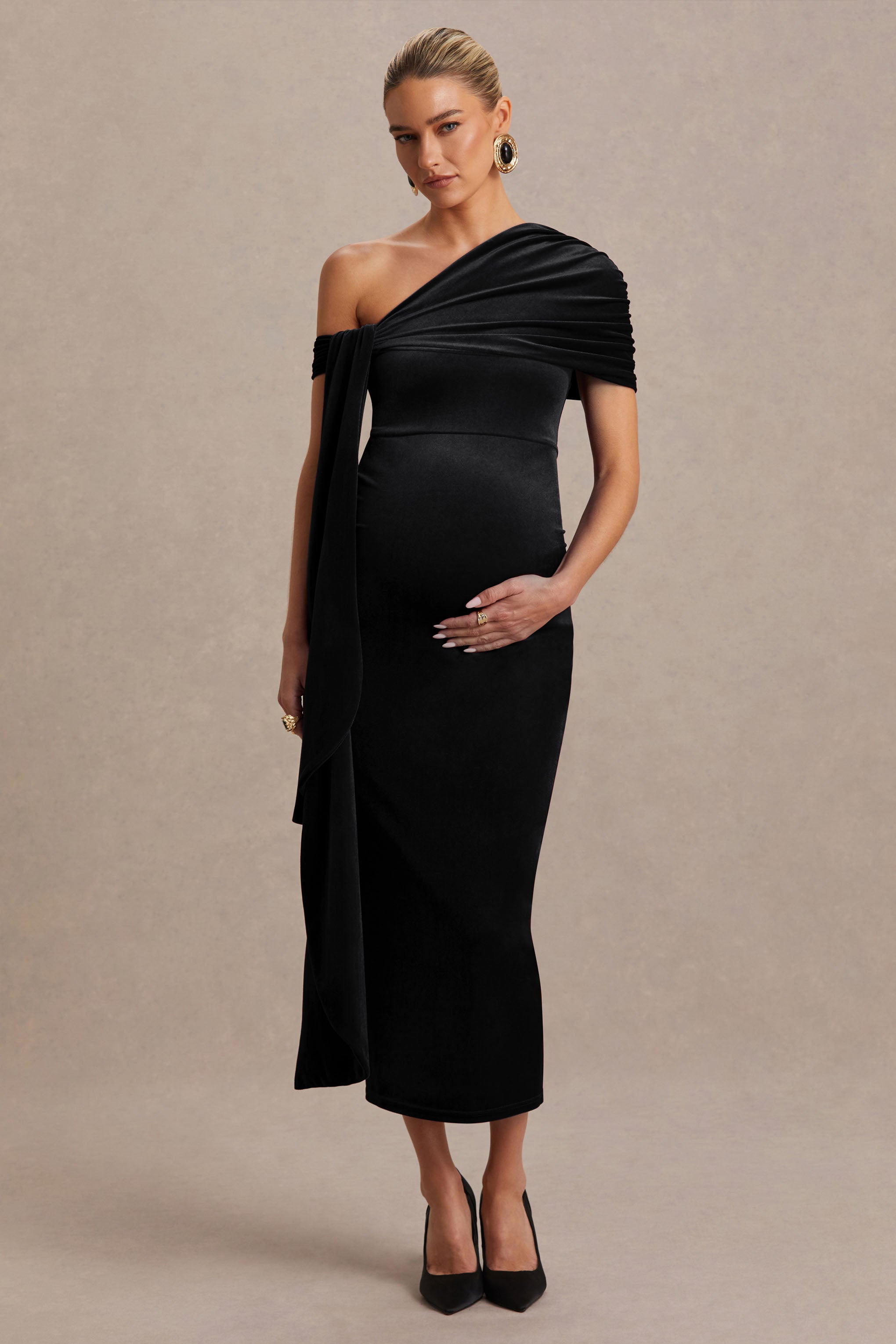 Zena | Black Velvet Asymmetric-Neck Maternity Midi Dress With Knot