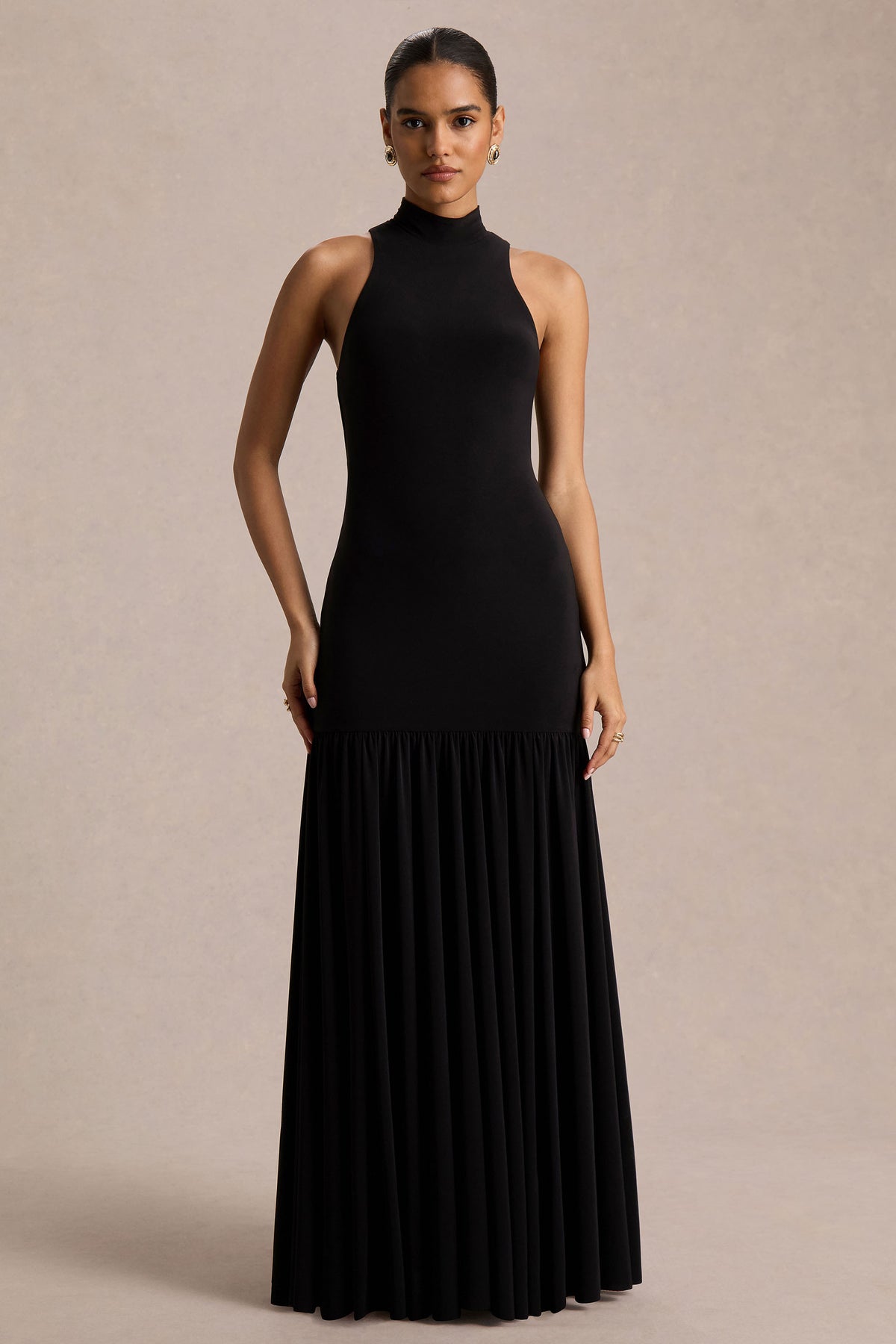 Tasmin | Black High-Neck Maxi Dress With Drop-Waist - UK 16 Black Tasmin | Black High-Neck Maxi Dress With Drop-Waist - UK 16 Black