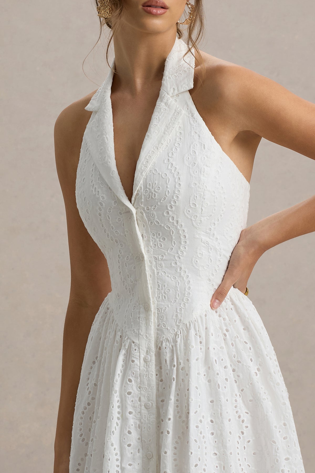 Jezebel | White Lace Plunge-Neck Collared Midi Dress - UK 12 White Jezebel | White Lace Plunge-Neck Collared Midi Dress - UK 12 White