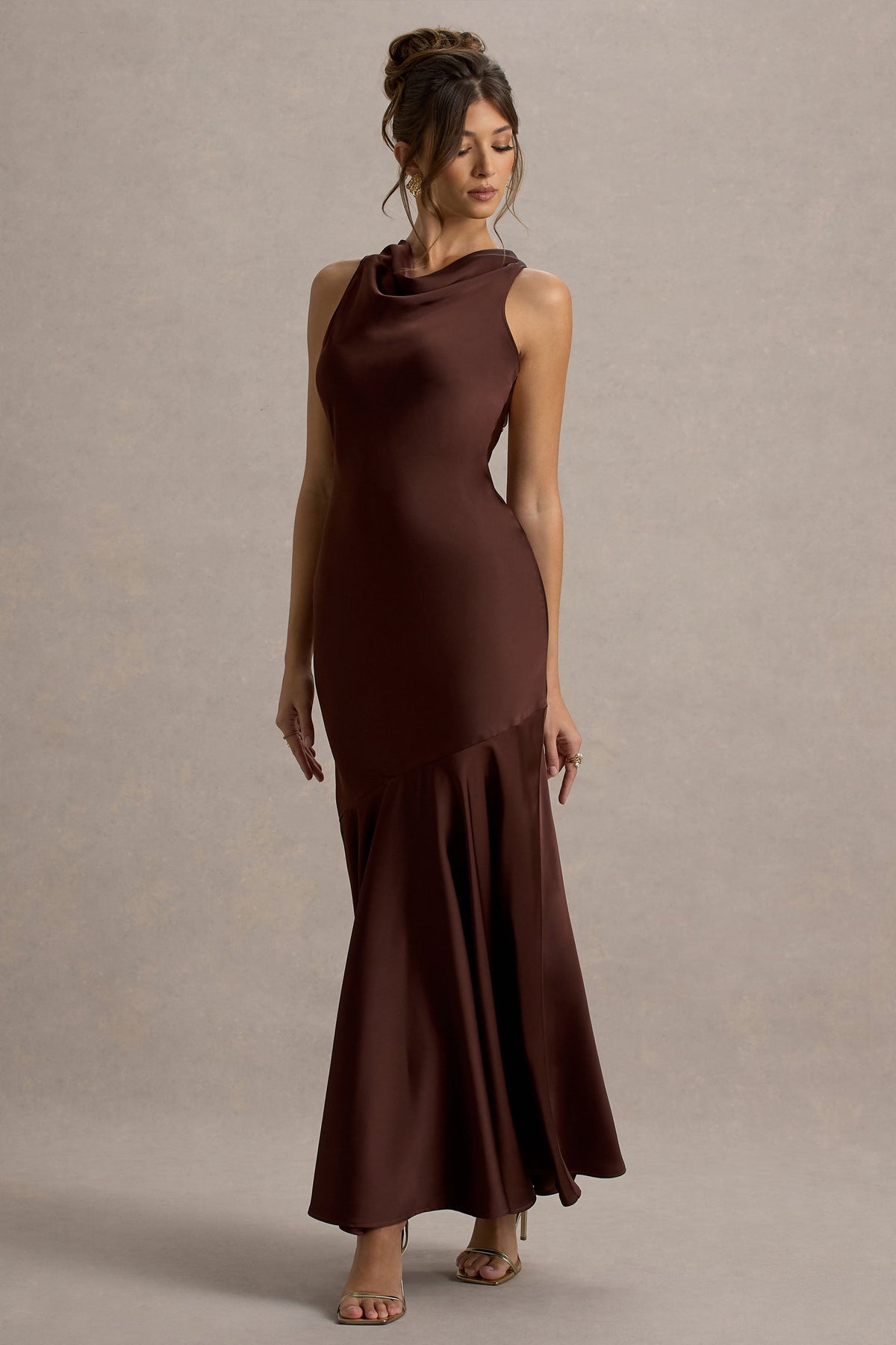 Amelita Brown Satin Cowl-Neck Maxi Dress Club L London - USA Amelita Brown Satin Cowl-Neck Maxi Dress Club L London - USA