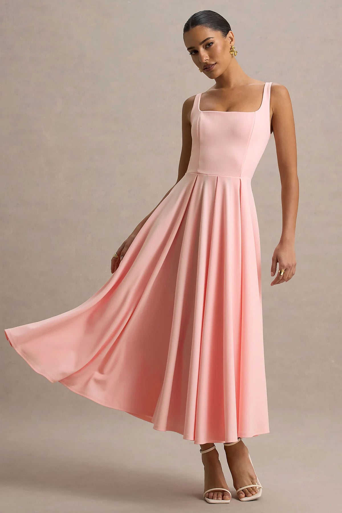 Parina Pink Strappy Volume-Hem Midi Dress Club L London - USA Parina Pink Strappy Volume-Hem Midi Dress Club L London - USA
