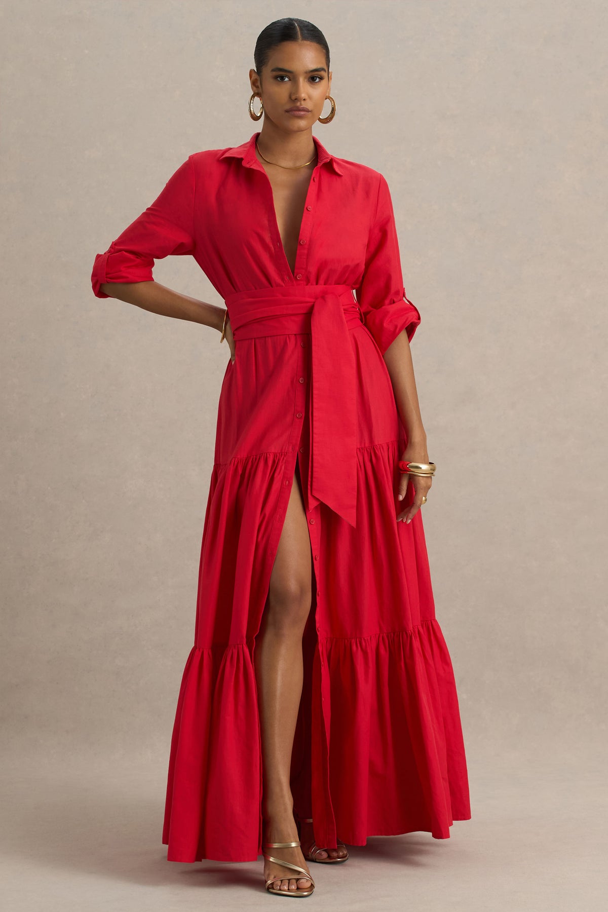 Sydney Red Belted Maxi Shirt Dress Club L London - USA Sydney Red Belted Maxi Shirt Dress Club L London - USA