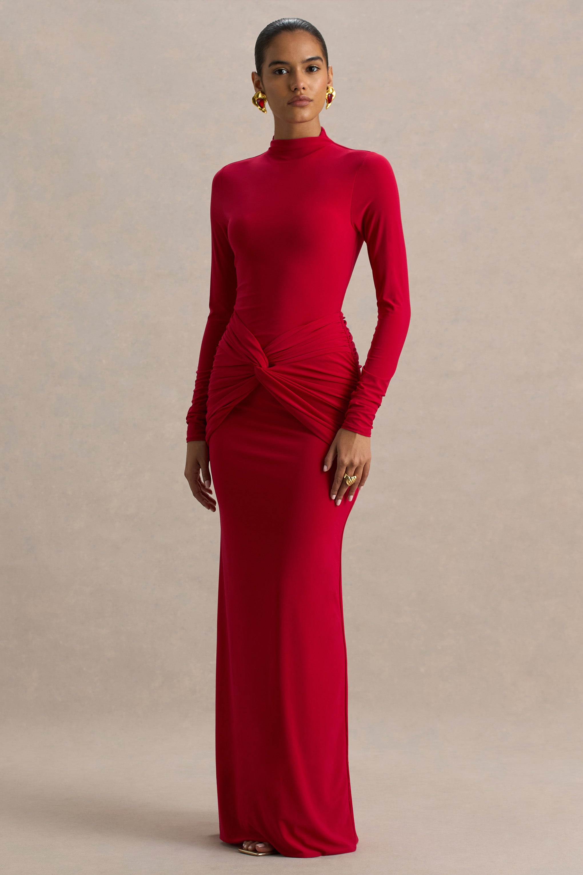Alula | Red High-Neck Maxi Dress With Twist Detail – Club L London
