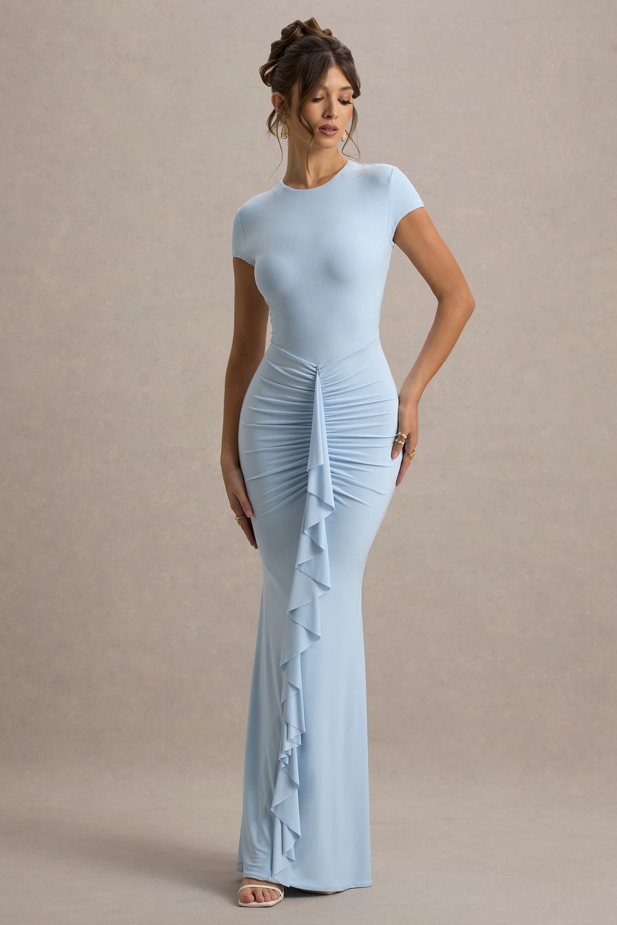 Vincenza | Powder Blue Short-Sleeve Gathered Maxi Dress