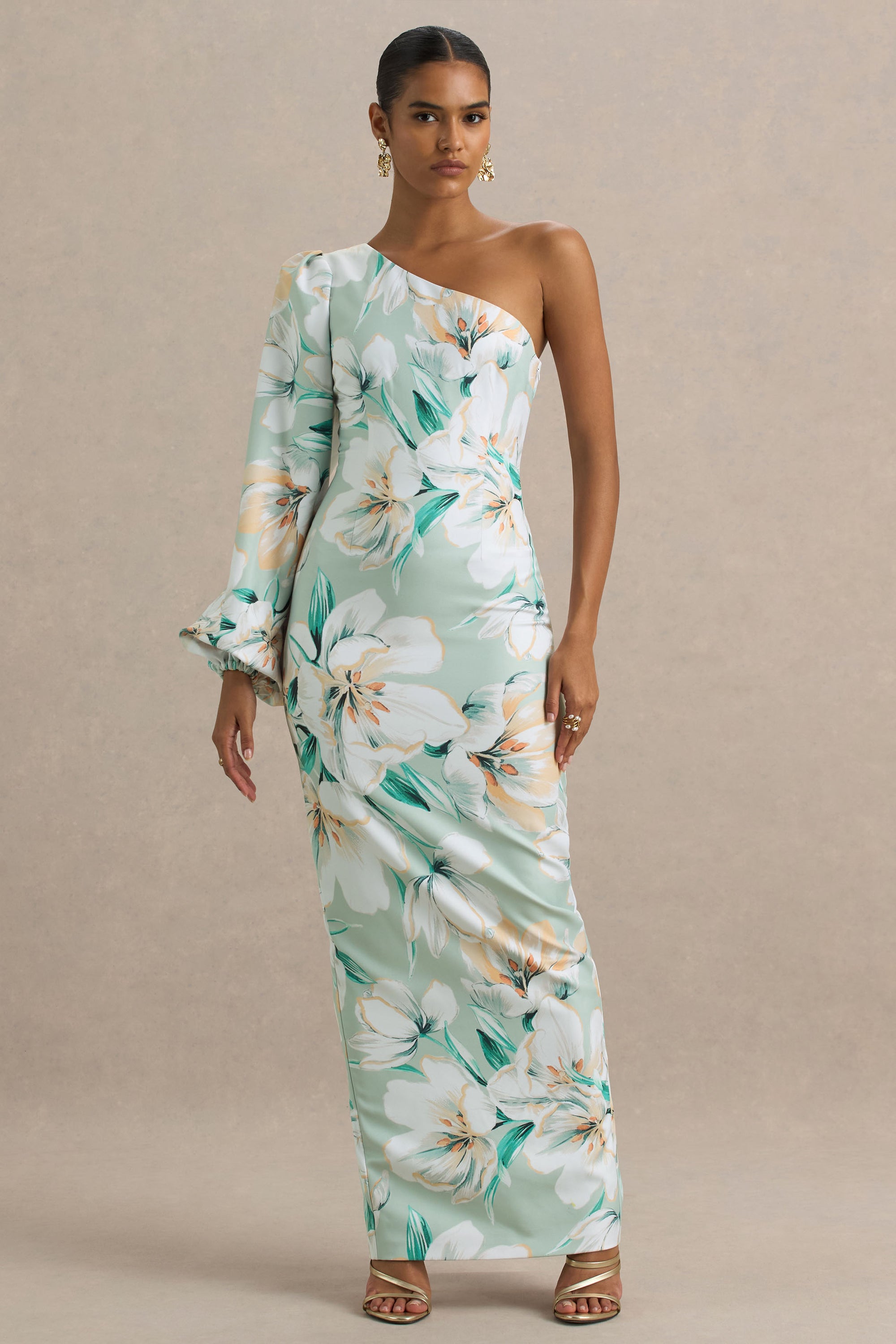 green balloon dress La Lune High Neck Balloon Sleeve Maxi Dress | Forest | Dresses