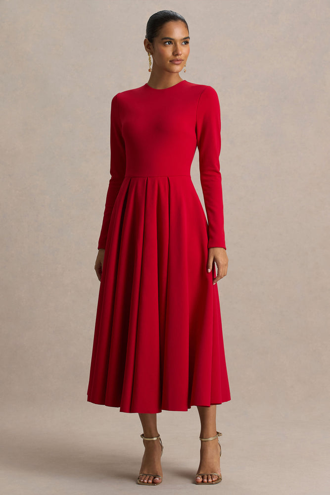 Bellamy | Red Crew-Neck Long-Sleeve Midi Dress Bellamy | Red Crew-Neck Long-Sleeve Midi Dress