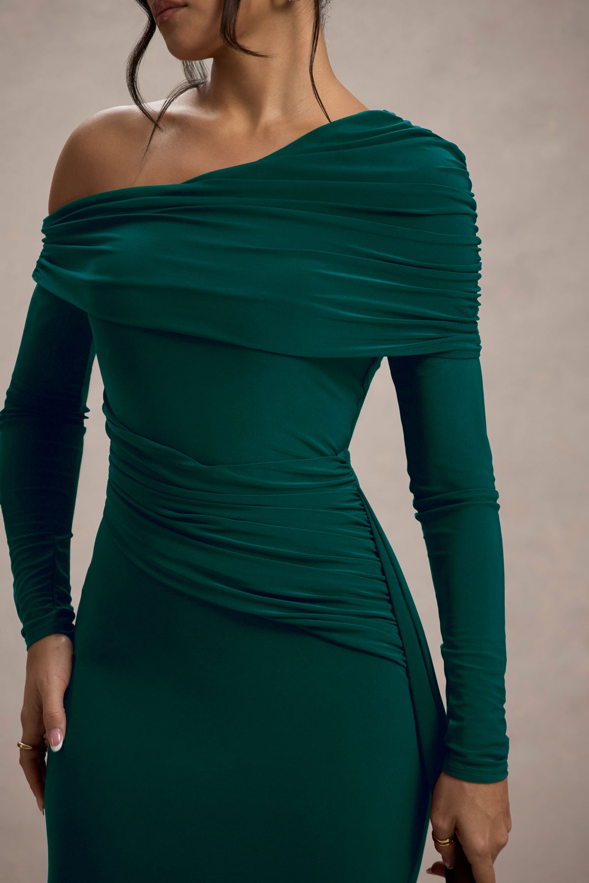 Valina | Green Ruched Asymmetric Maxi Dress With Drape - UK 6 bottle Green Valina | Green Ruched Asymmetric Maxi Dress With Drape - UK 6 bottle Green