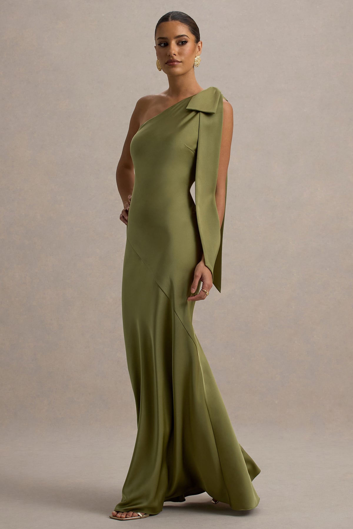 Here For Love Khaki Satin Asymmetric Maxi Dress With Bow Club L London - USA Here For Love Khaki Satin Asymmetric Maxi Dress With Bow Club L London - USA