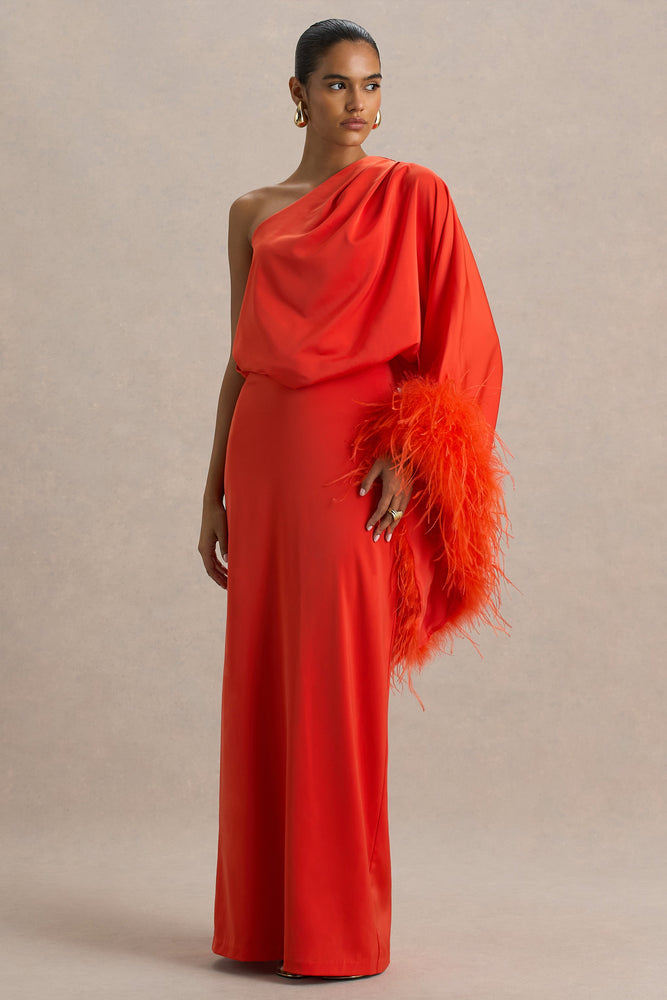 Club L London Felicity | Orange Satin Asymmetric-Neck Maxi Dress With Feather Detailing