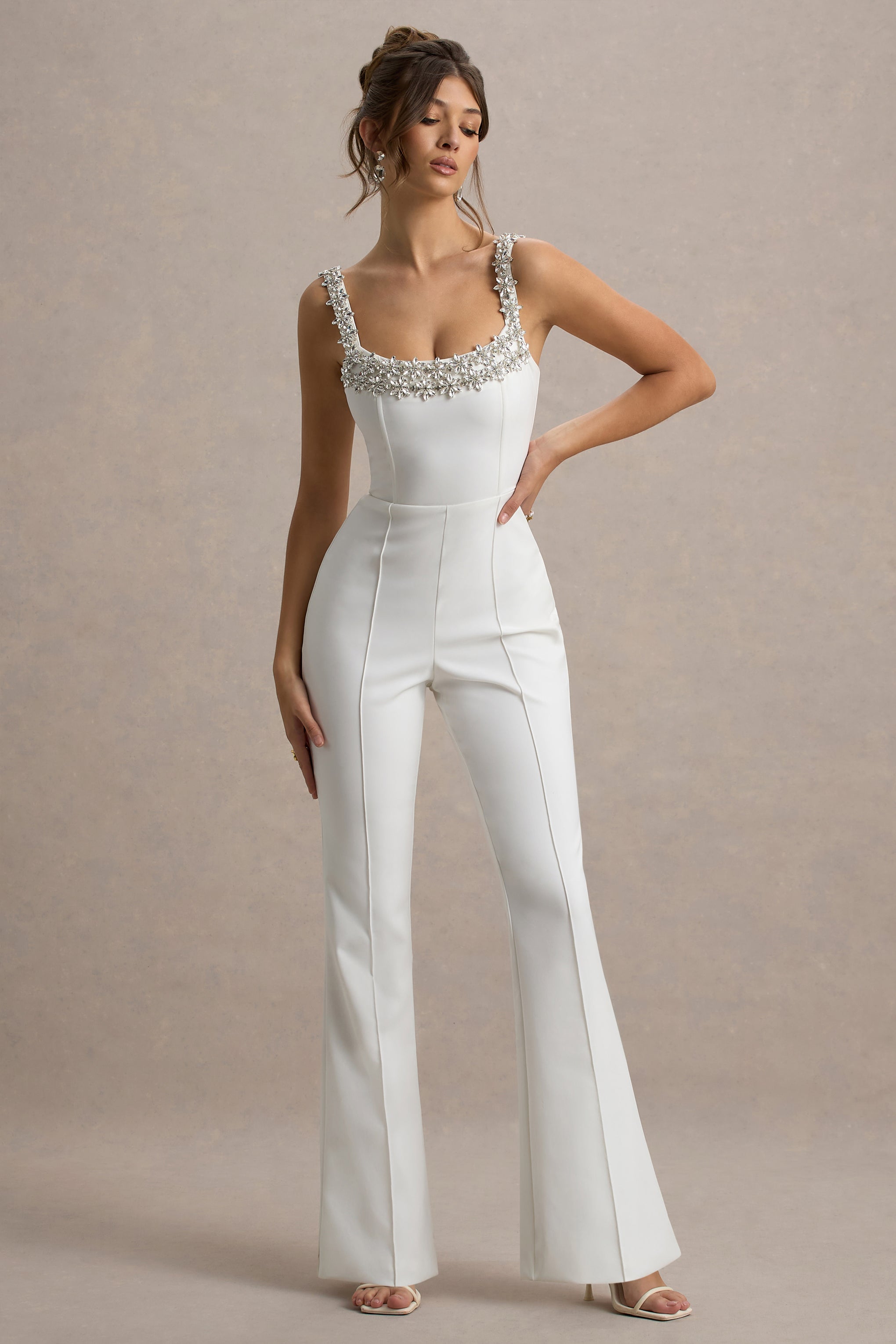 Amadi | White Embellished Strappy Flared-Leg Jumpsuit – Club L