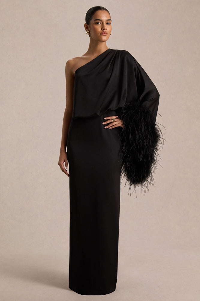 Felicity | Black Satin Asymmetric-Neck Maxi Dress With Feather Detailing - UK 10 Black Felicity | Black Satin Asymmetric-Neck Maxi Dress With Feather Detailing - UK 10 Black