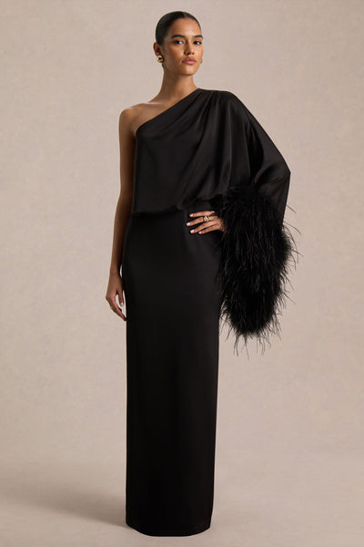 Felicity Black Satin Asymmetric-Neck Maxi Dress With Feather Detaili – Club  L London