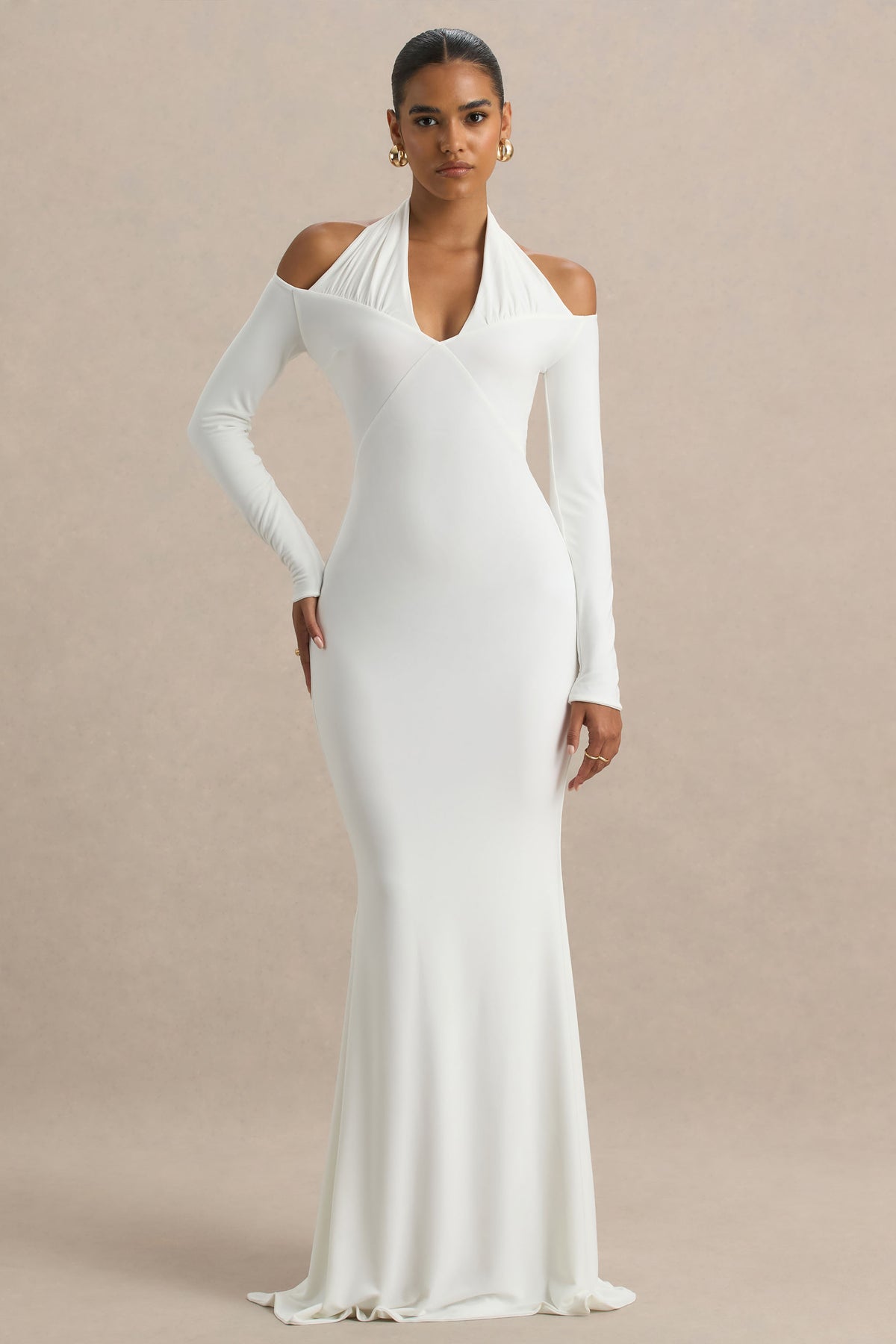 long sleeve long white dresses Living High | White Halter-Neck Maxi Dress With Long Sleeves