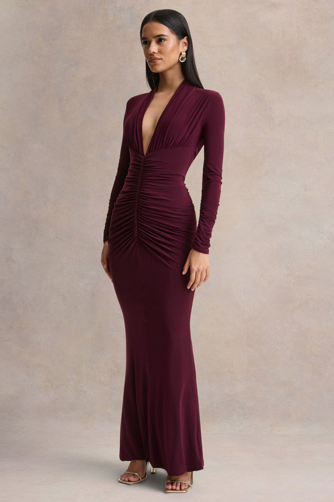 a-line plunge neck long sleeve mini dress in plum Tami | PLUM Plunge-Neck Long Sleeve Maxi Dress