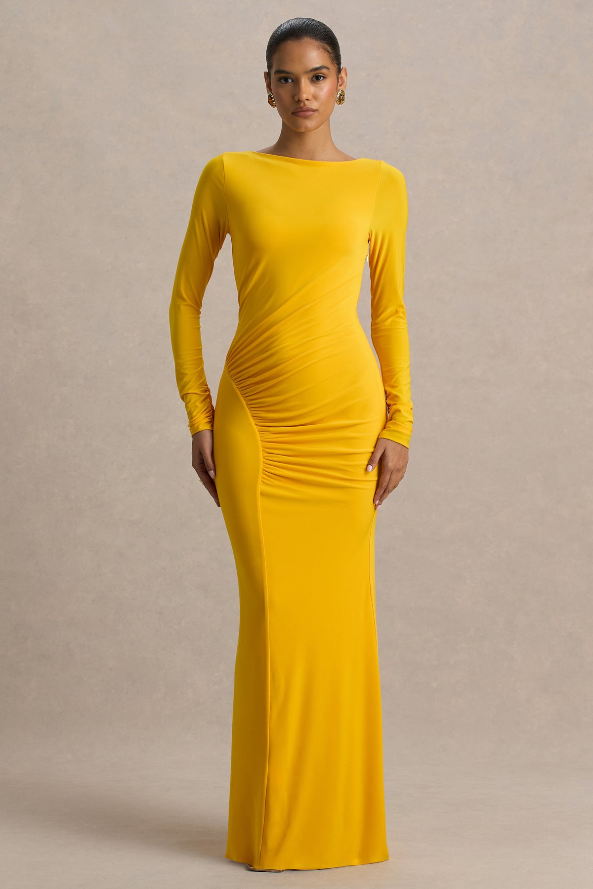 Diva | Yellow Slashed-Neck Maxi Dress With Ruched Detailing - UK 8 MANGO Yellow Diva | Yellow Slashed-Neck Maxi Dress With Ruched Detailing - UK 8 MANGO Yellow