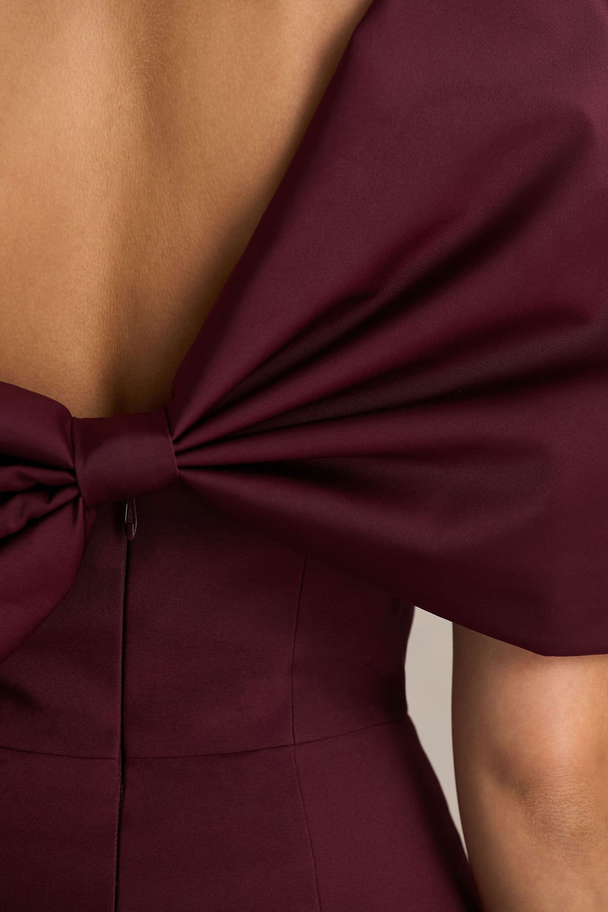 Lucille | Burgundy Asymmetric Bardot Midi Dress with Bow Detail - UK 6 Burgundy Lucille | Burgundy Asymmetric Bardot Midi Dress with Bow Detail - UK 6 Burgundy