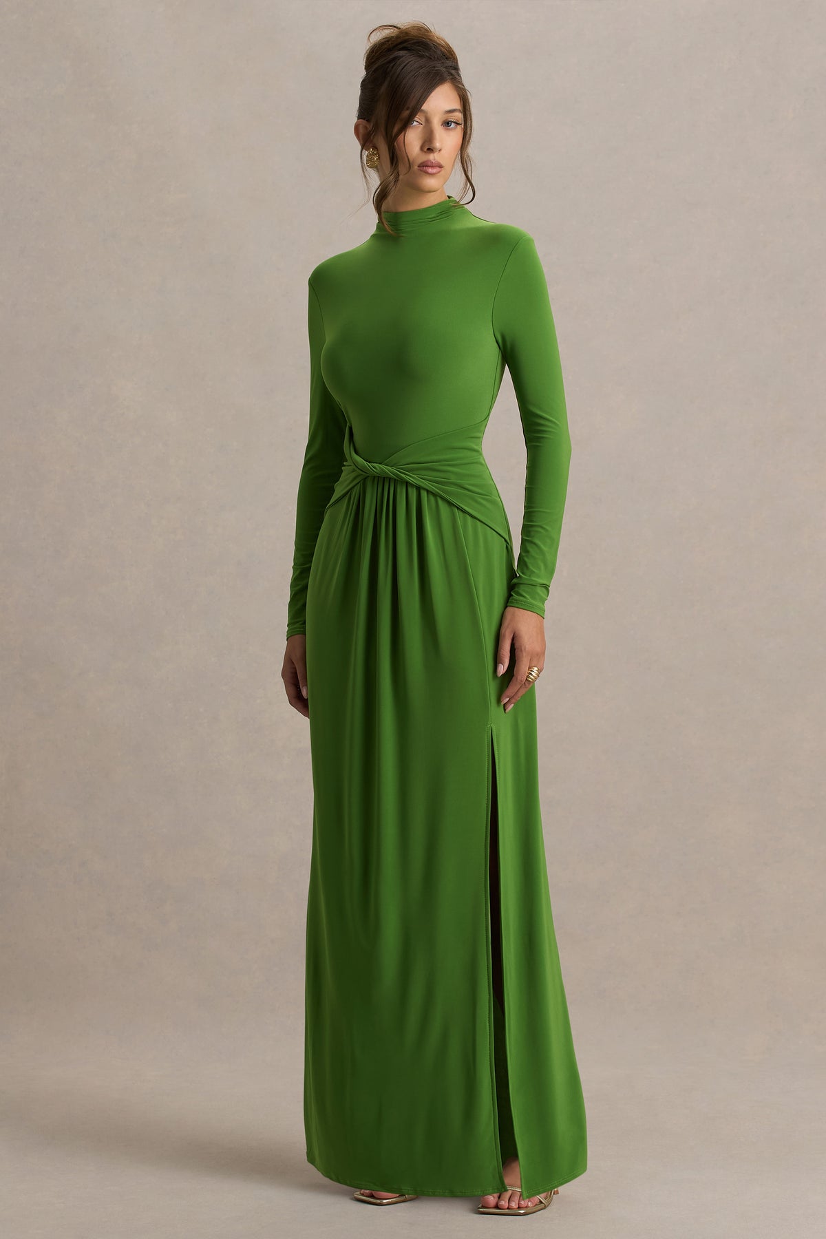 green dress long sleeve Hourglass | Green Long-Sleeve Twisted Maxi Dress With Split