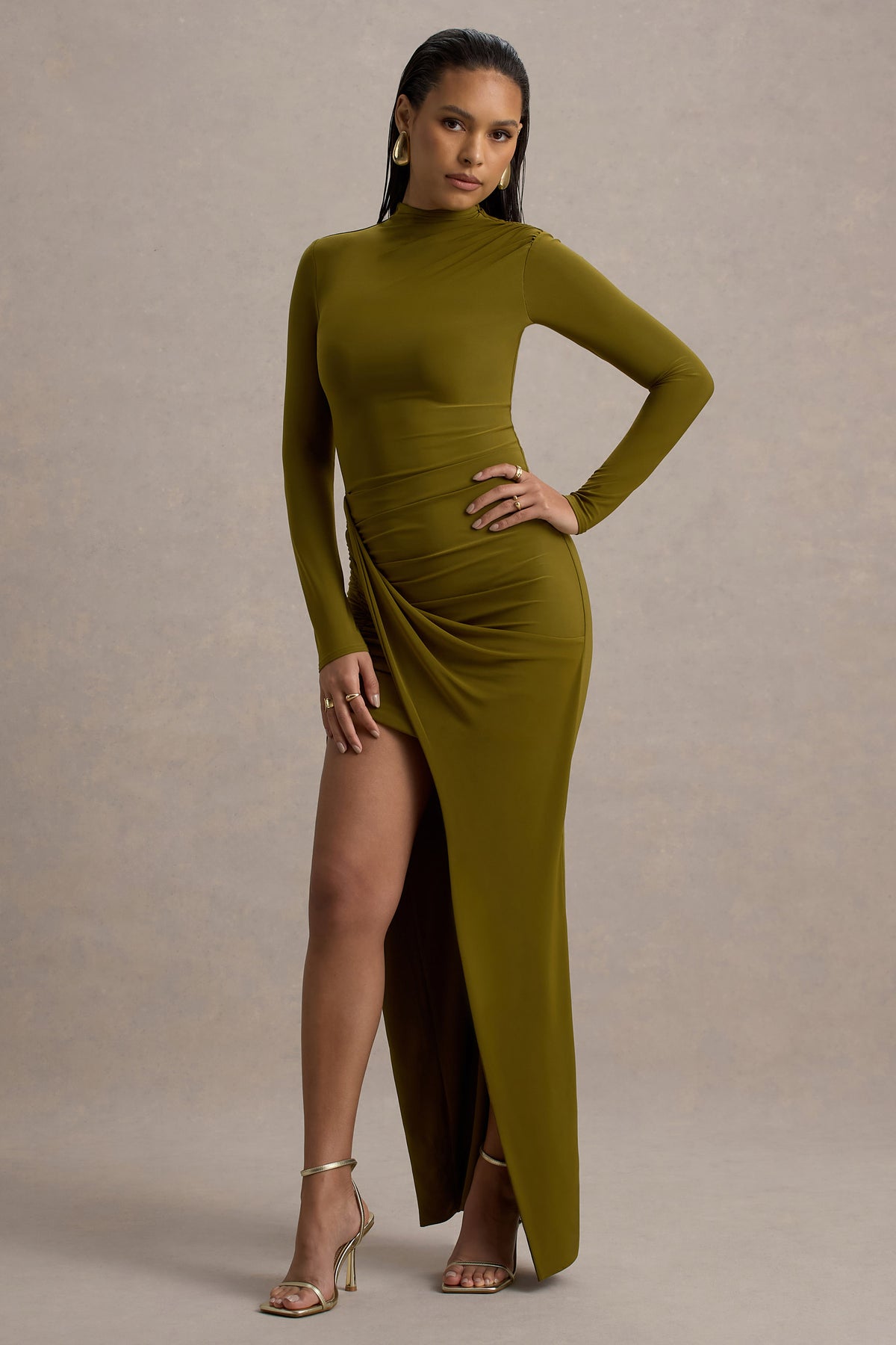 Victoria | Green Long-Sleeve Maxi Dress With Wrap Skirt
