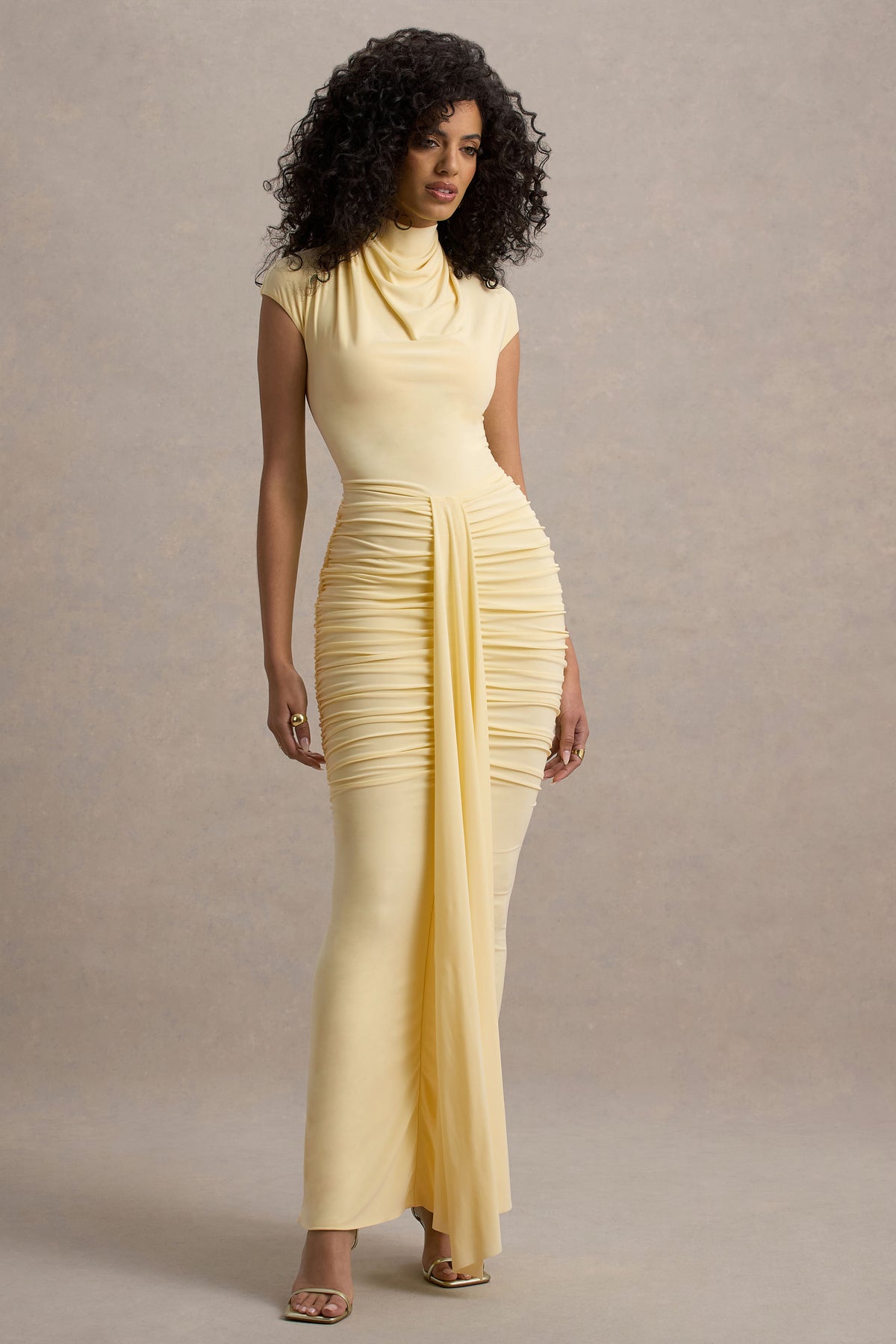 daska chiffon ruffle maxi dress in lemon Frannie Vertical Ruffle Maxi Dress Lemon