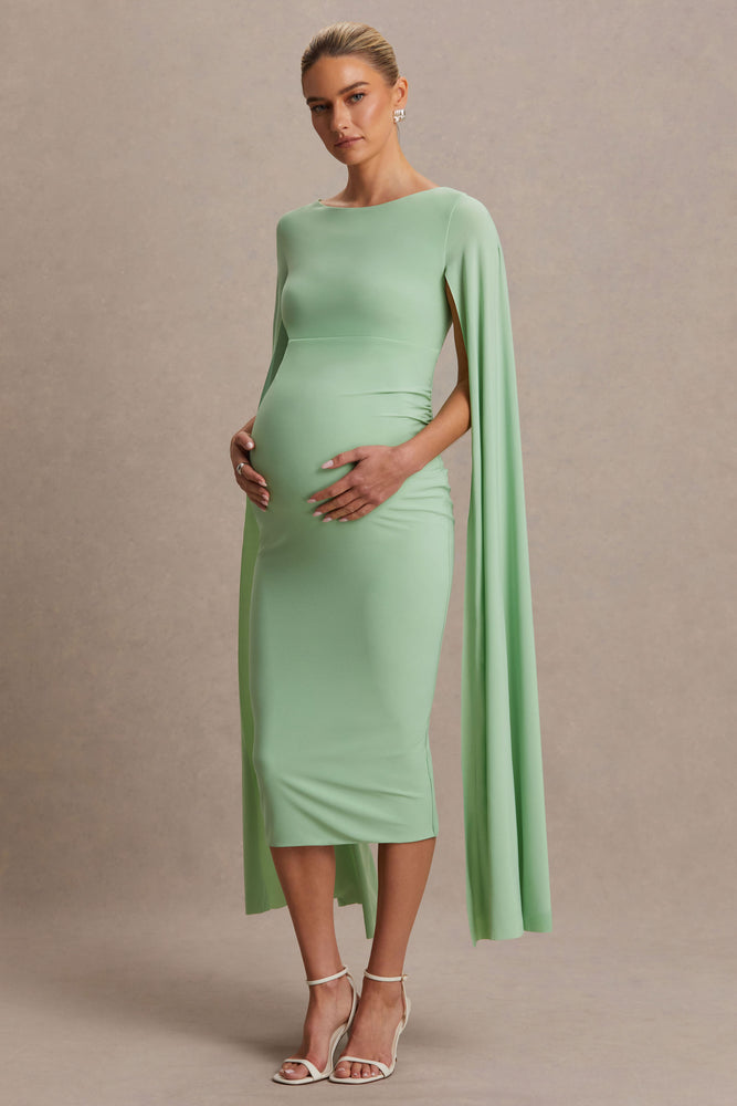 Providence | Light Green High-Neck Maternity Midi Dress with Cape Sleeves - UK 10 Light Green