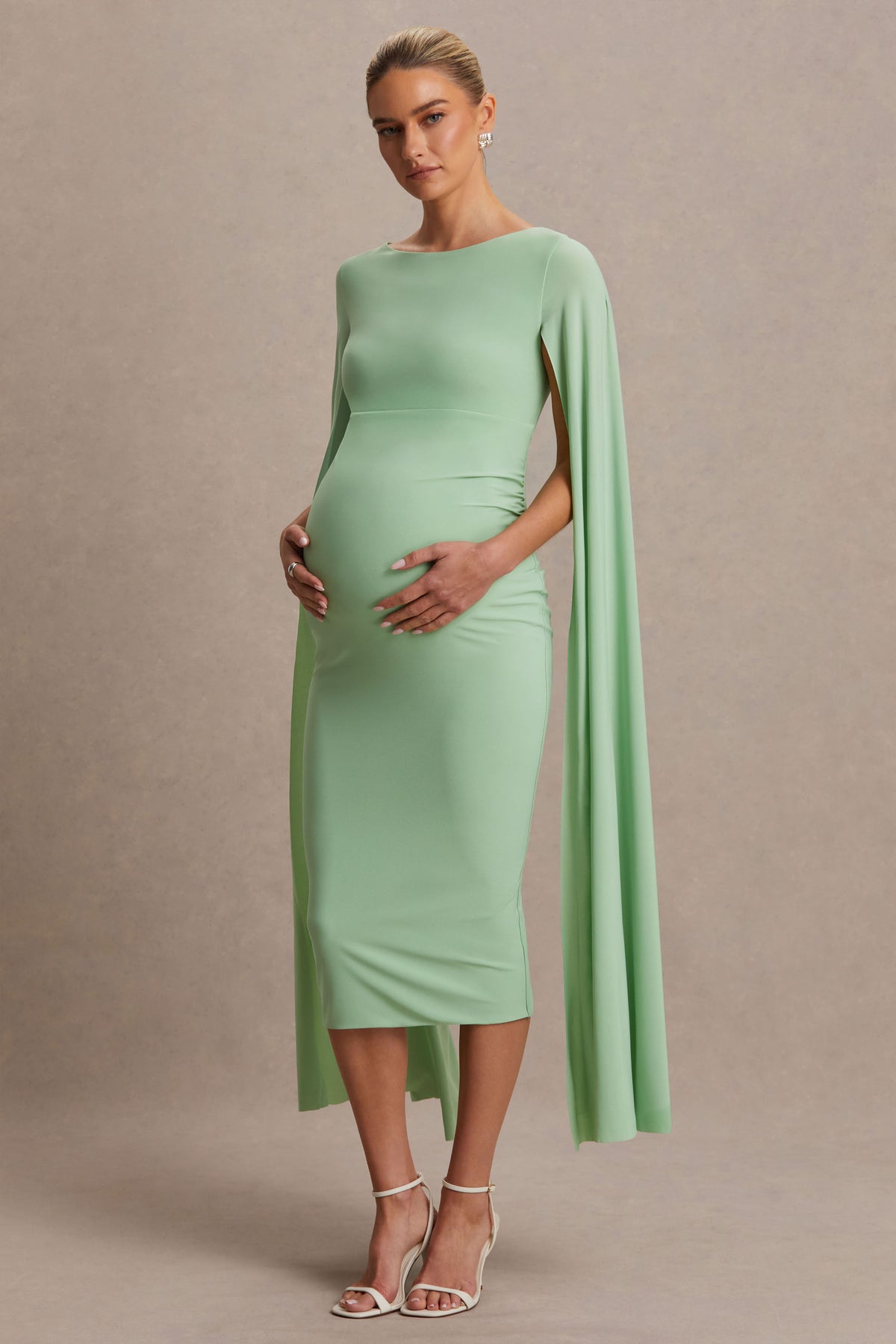 Providence Light Green High-Neck Maternity Midi Dress With Cape Slee Club L London - USA Providence Light Green High-Neck Maternity Midi Dress With Cape Slee Club L London - USA
