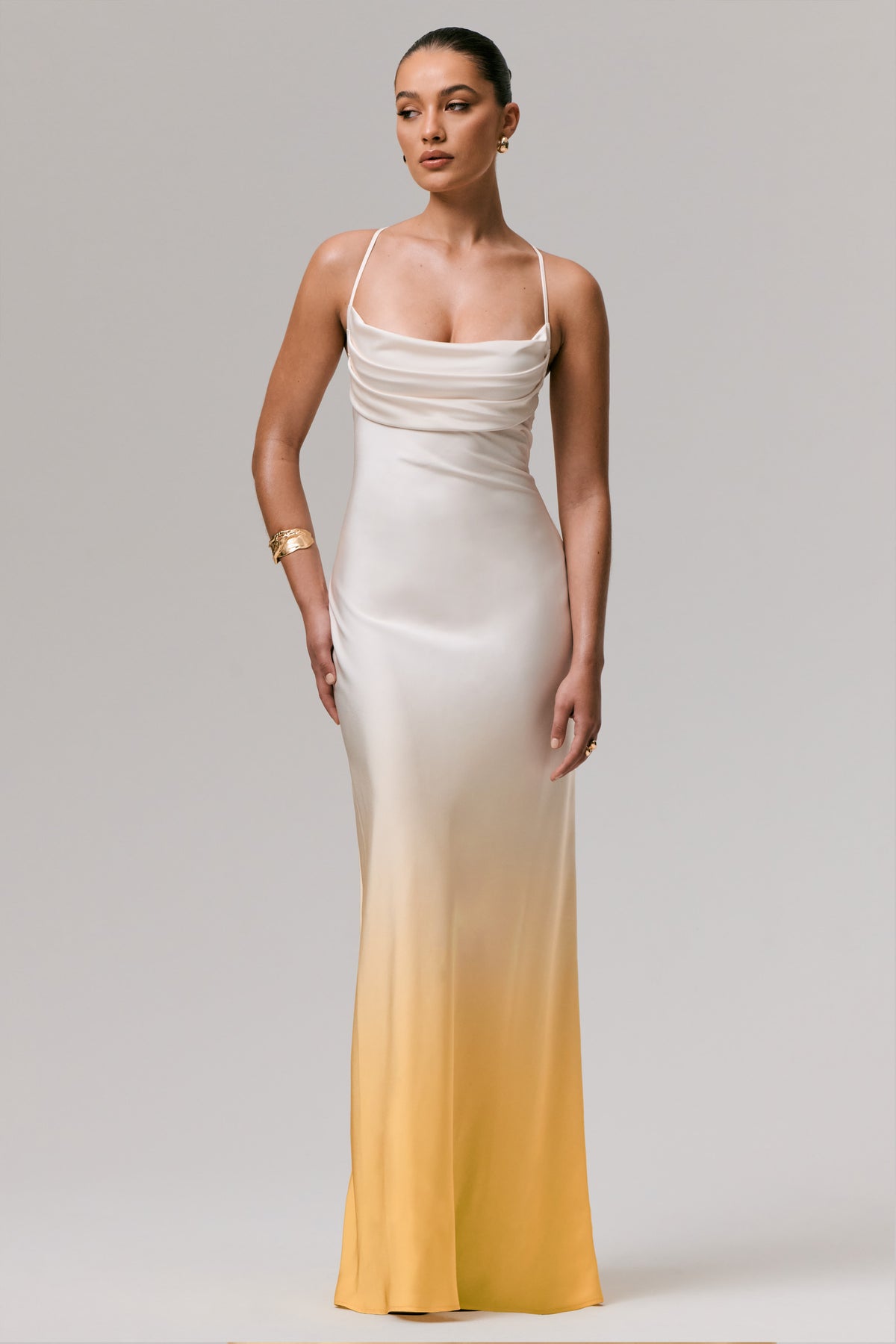 Lucie Yellow Ombre Satin Cowl-Neck Maxi Dress Club L London - USA Lucie Yellow Ombre Satin Cowl-Neck Maxi Dress Club L London - USA