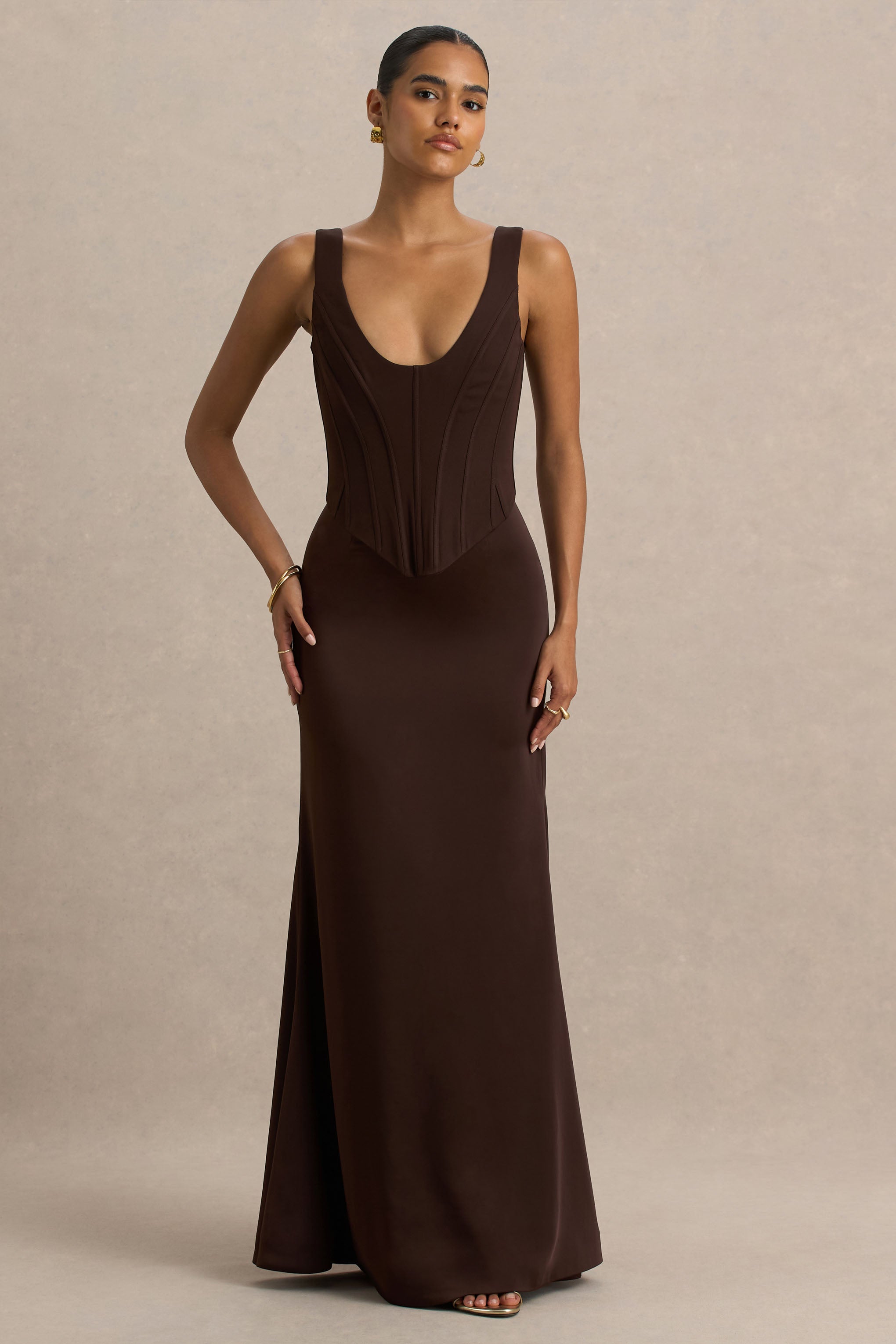 Morgan | Brown Satin Corset Maxi Dress – Club L London - USA