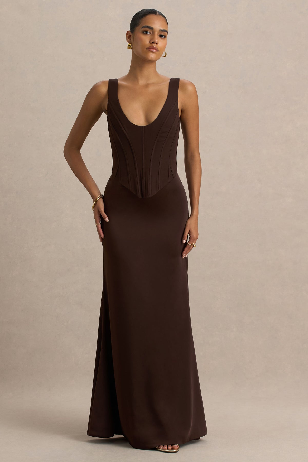 Morgan Brown Satin Corset Maxi Dress Club L London - USA Morgan Brown Satin Corset Maxi Dress Club L London - USA