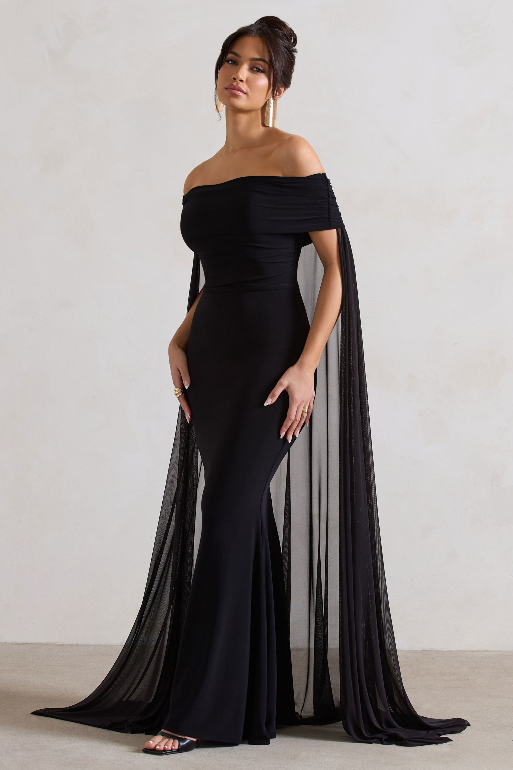 club l bardot dress West End Black Velvet Embellished Bardot Maxi Dress Club L London