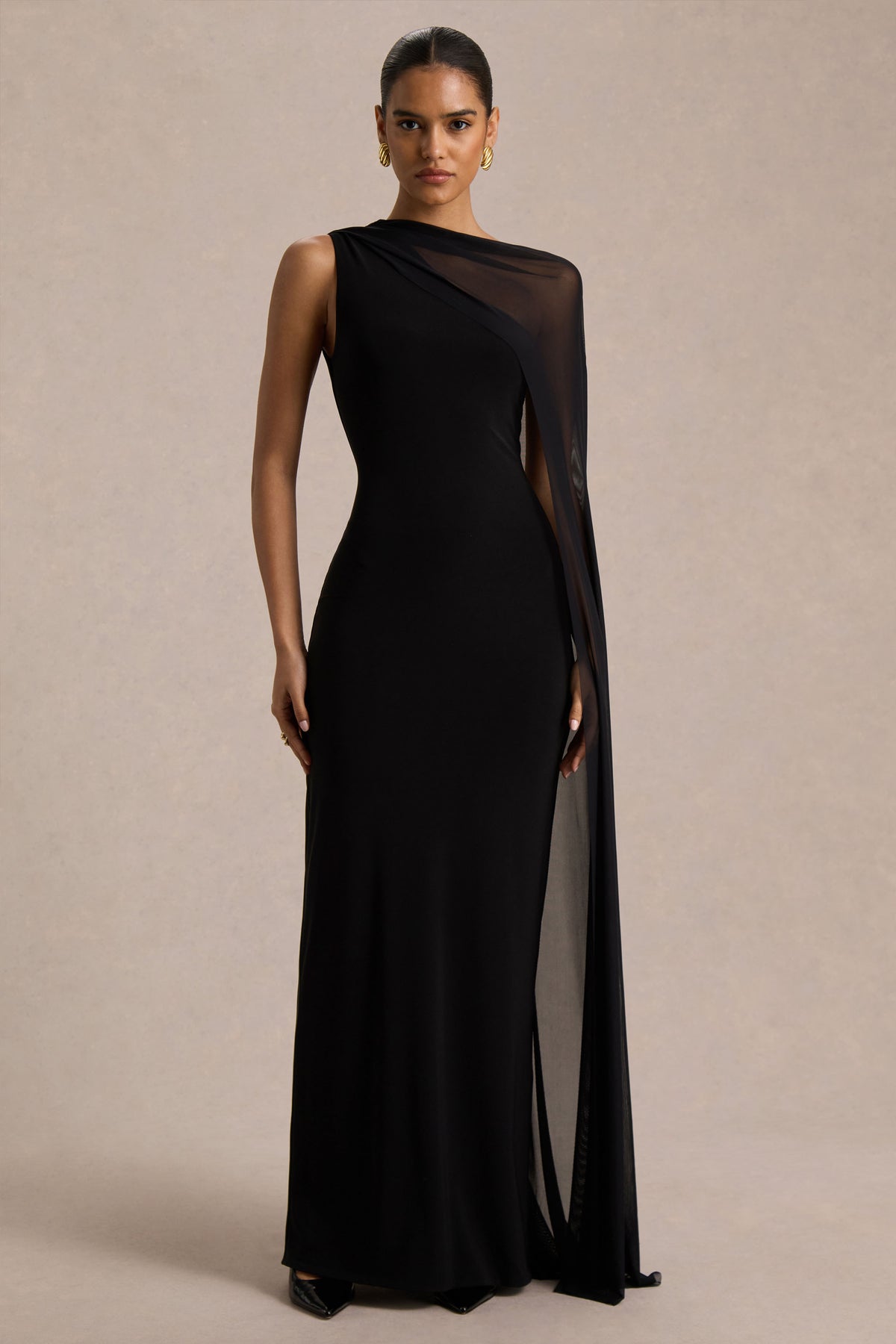 Mirelle Black Asymmetric-Neck Maxi Dress With Sheer Cape-Sleeve Club L London - USA Mirelle Black Asymmetric-Neck Maxi Dress With Sheer Cape-Sleeve Club L London - USA