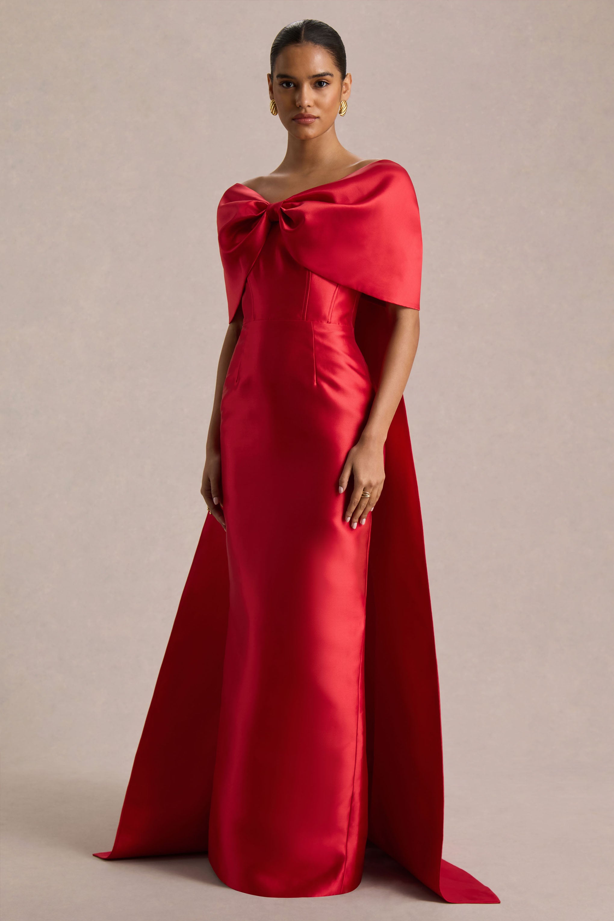 Wanting More | Red Satin Cape Maxi Dress With Oversized Bow – Club