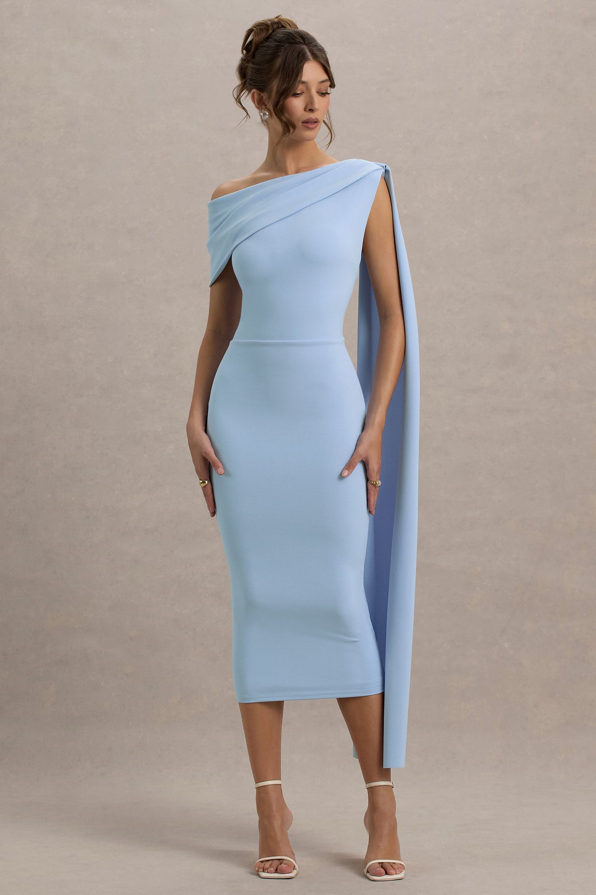 Niamh Powder Blue Asymmetric Midi Dress With Drape Club L London - USA Niamh Powder Blue Asymmetric Midi Dress With Drape Club L London - USA